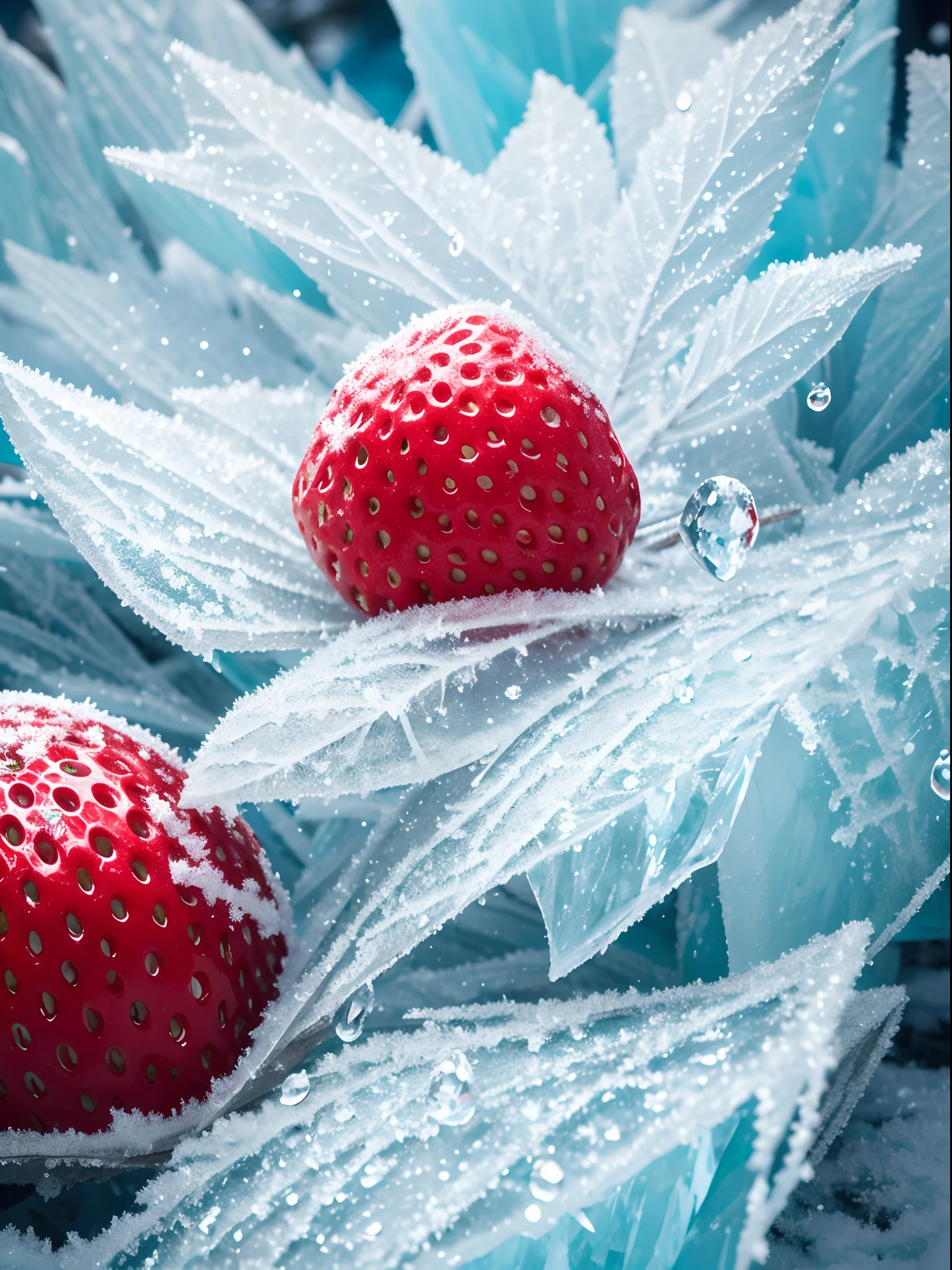 (close-up),(photorealistic),(strawberry),(covered in),(rime ice),(detailed texture),(shiny red surface),(frozen),(crystal-like appearance),(glistening),(delicate frost),(frosty),(translucent),(high-resolution),(ultra-detailed),(fine details),(realistic),(vivid colors),(macro-photography),(extreme close-up),(sparkling),(beautiful),(frozen fruit),(delightful),(colorful),(icy),(winter scene),(crisp),(frozen droplets),(frozen water),(frost formation),(captivating),(mouthwatering),(rich texture),(magnified),(frosty atmosphere),(luminous),(freshness),(appealing).