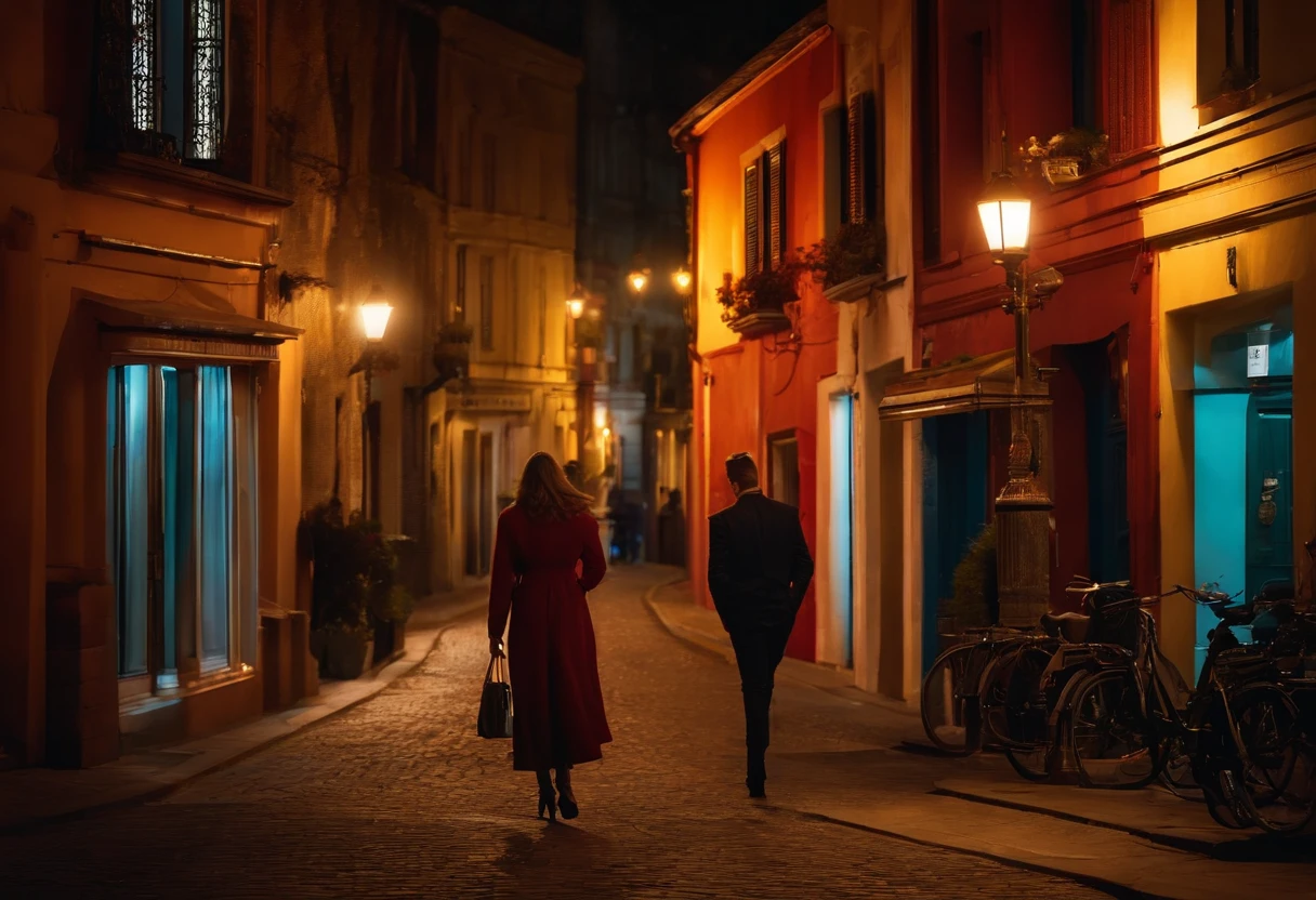 create image for the book The Art of Playful Seduction romantic scene, street photo, late in the evening, street lights