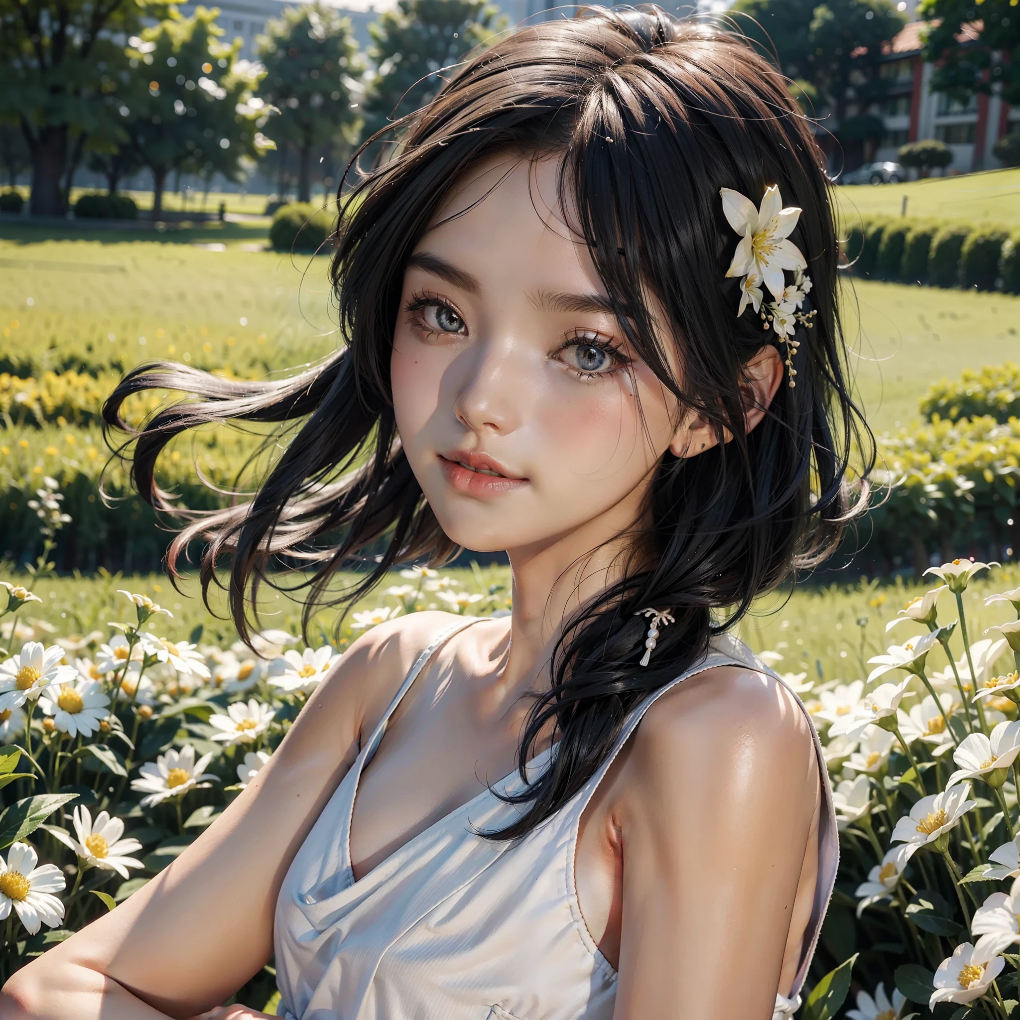 best qualtiy,tmasterpiece,超高分辨率,(真实感:1.4),head portrait,RAW photogr,1girl,white dresses,cropped shoulders,blooming flower field,Glowing skin,Light smile