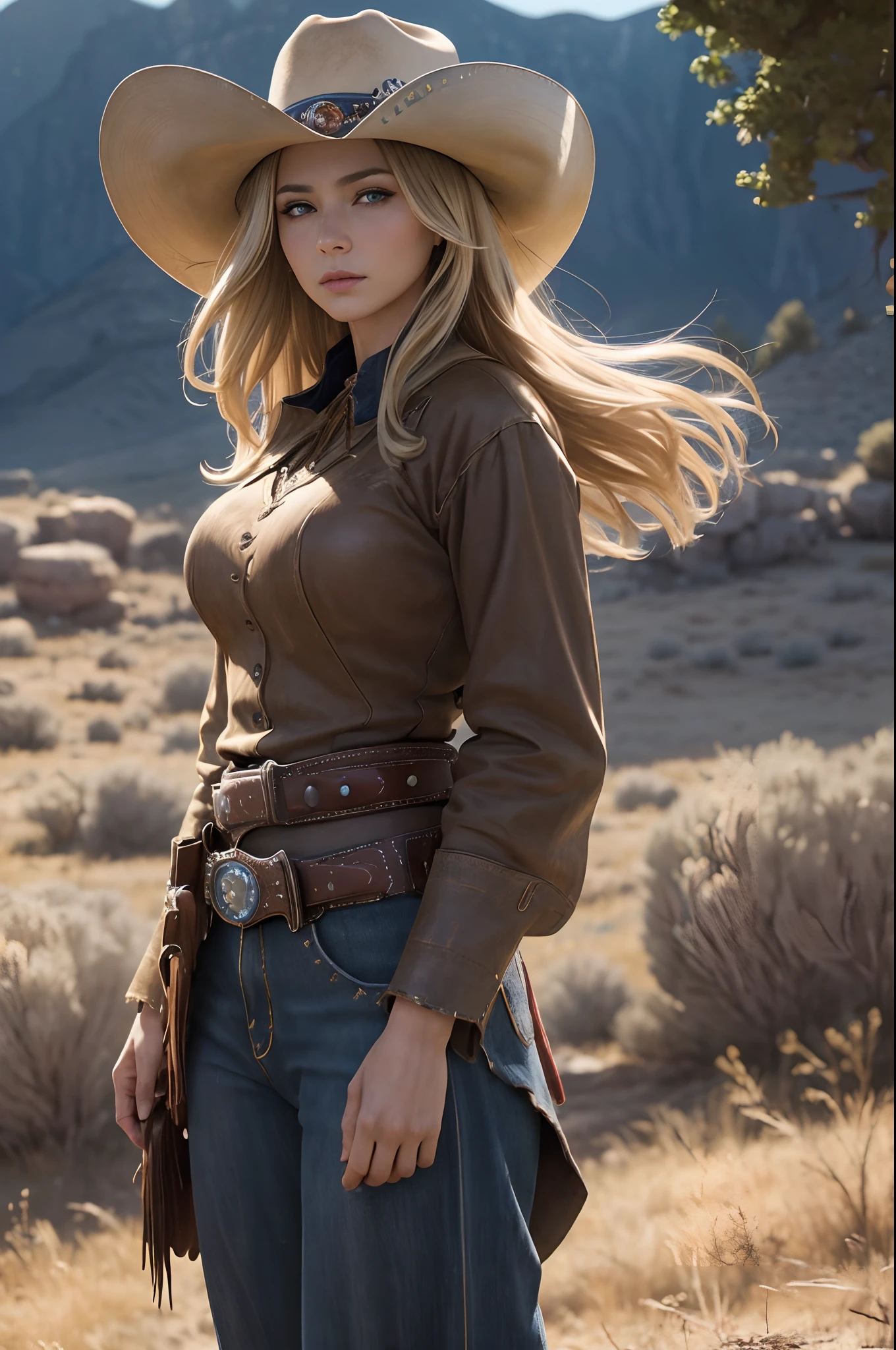 (Beauty feces(Woman Western:1)portraitures:1.5)Wind-swept wilderness landscape(((​masterpiece)))、((top-quality))、A MILF、blue eyess、Western Costumes、Brown pants、8K、The ultra-detailliert、realisitic、landscapes、concept-art、exceptionally detailed RAW color photo、Side angle、(lensflare:0.7)、particle effect、Ray latching、Cinema Trick Writing、Shallow depth of field、Shot with Sony Alpha 1、50mm wide angle lens、Foconitide、Cinematic Film Still、 dynamicposes、、(realisitic:1.3)、a blond、Woman Western、Gun belt.large full breasts、gazing at viewer、超A high resolution、Rugged look、Brown Western Hat,