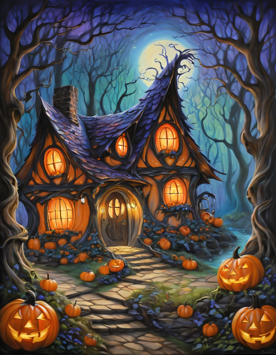 Immerse yourself in the enchanting world of witches with this captivating painting featuring a mysterious witch's cottage hidden deep in the woods. The composition showcases the twisted trees and glowing jack-o'-lanterns that surround the cottage, evoking a sense of enchantment and intrigue. The use of vibrant colors and detailed brushwork brings the scene to life, inviting viewers to explore the magical world within. Painted by renowned fantasy artist Jasmine Becket-Griffith.