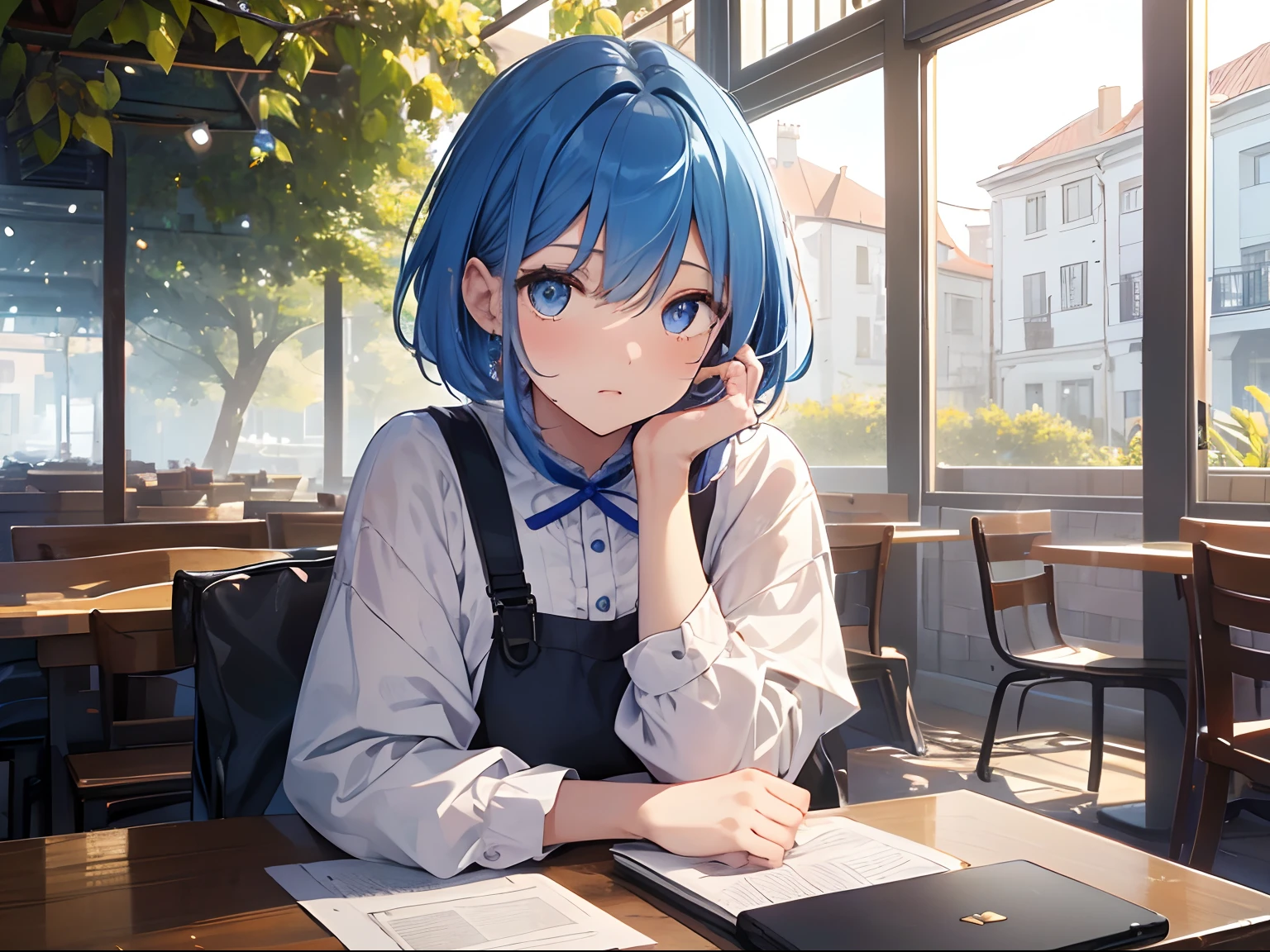 (shirt with collar:1.6), landscapes, white  shirt, (Black knee socks:1.2), Beautiful garden, Detailed garden, window, garden, florals, dynamic_pose, light_particles, 1girl in, cowboy  shot, 独奏, (blue_hair, short_hair, Big green and sparkling eyes):1.2, Look at viewers, (Light blue pleated skirt, Light blue suspenders:1.4), (Beautiful little city, Detailed small city, steampunc, Many objects), five fingers each, (beautifull detailed face), Sitting next to the window