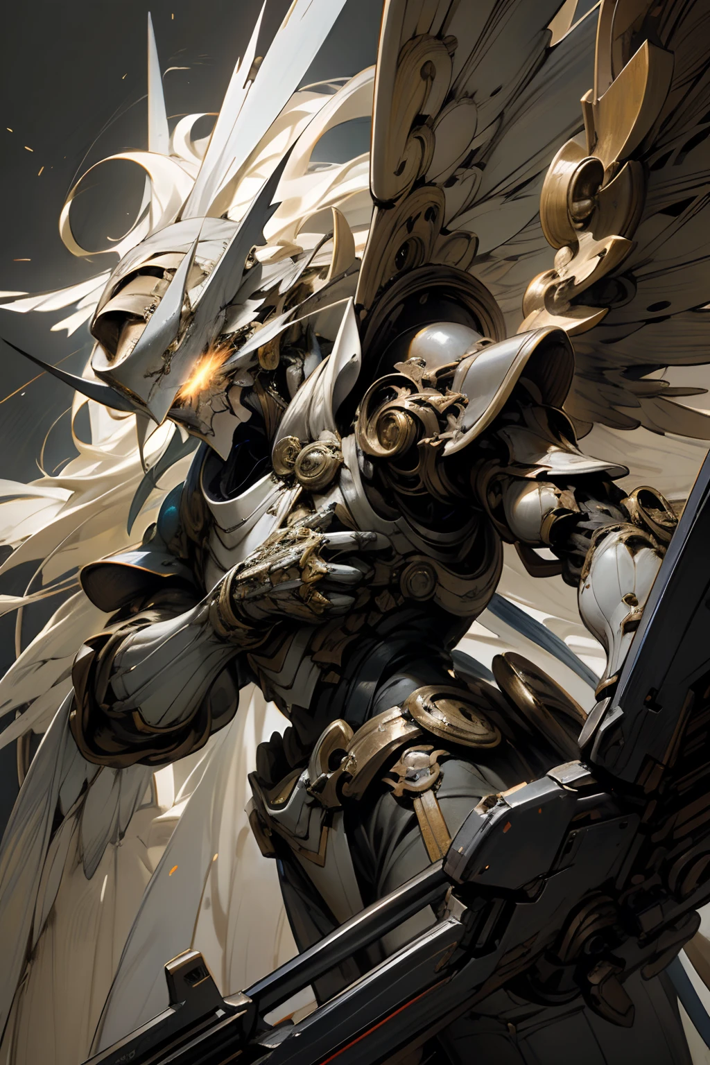 (Masterpiece, Best Quality: 1.3), Extreme Detail, Complex, 8k, HDR, Wallpaper, Cinematic Lighting, (Cosmos), Gun, (Shooting Position), Glow, Armor, Glowing Eyes, Mecha, Big Wings, Strong Body, Intricate Details, Blue, Masterpiece, Cinematic Texture, Sun God Apollo,