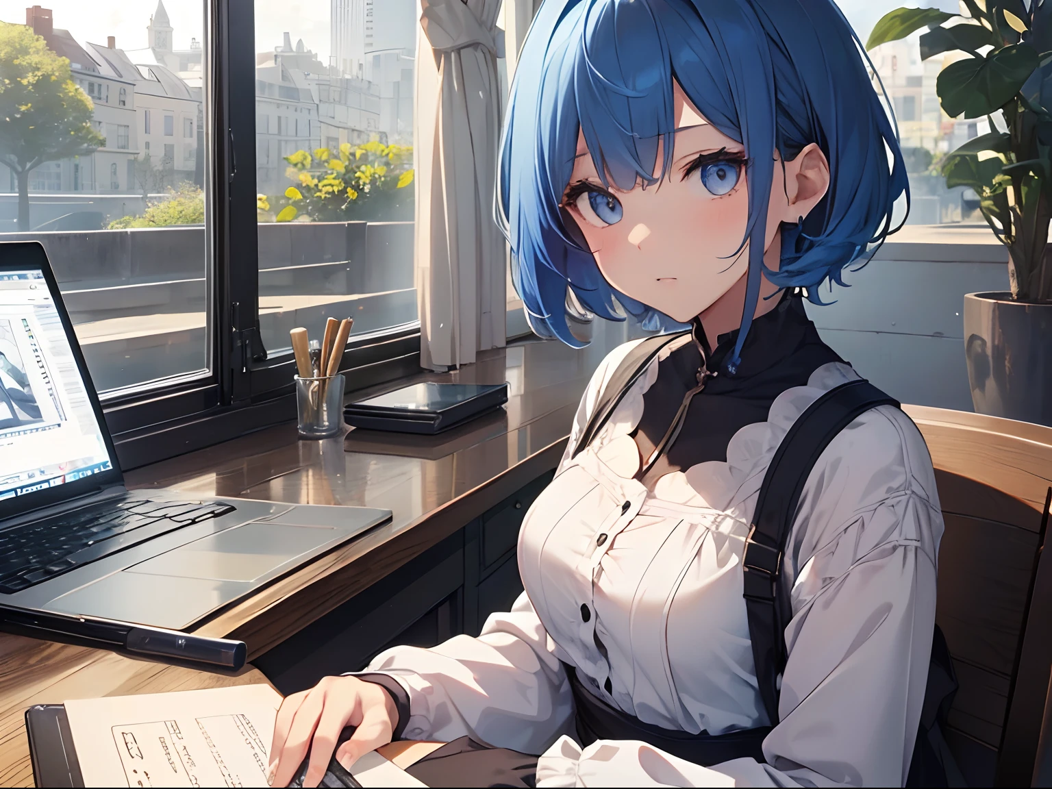 (1girl in),(beautiful eyes finely detailed、Face to detail、masterpiece sidelighting、​masterpiece、top-quality、detaileds、High resolution illustration),Daytime in sunny weather、Woman using laptop in open café、18year old、Pupils、Everyday clothes、front facing、、angry looking face、pouty、arms in arms、Upper part of the body with a cheek cane、Blue hair、Short bob hair、The upper part of the body、