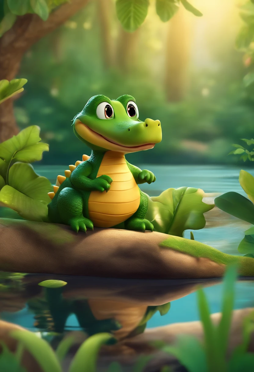 A cute alligator named Junior lives happily in the woods, feliz, cartoon style, logo style, cartoon style, 4k resolution, highly detailed facial features.