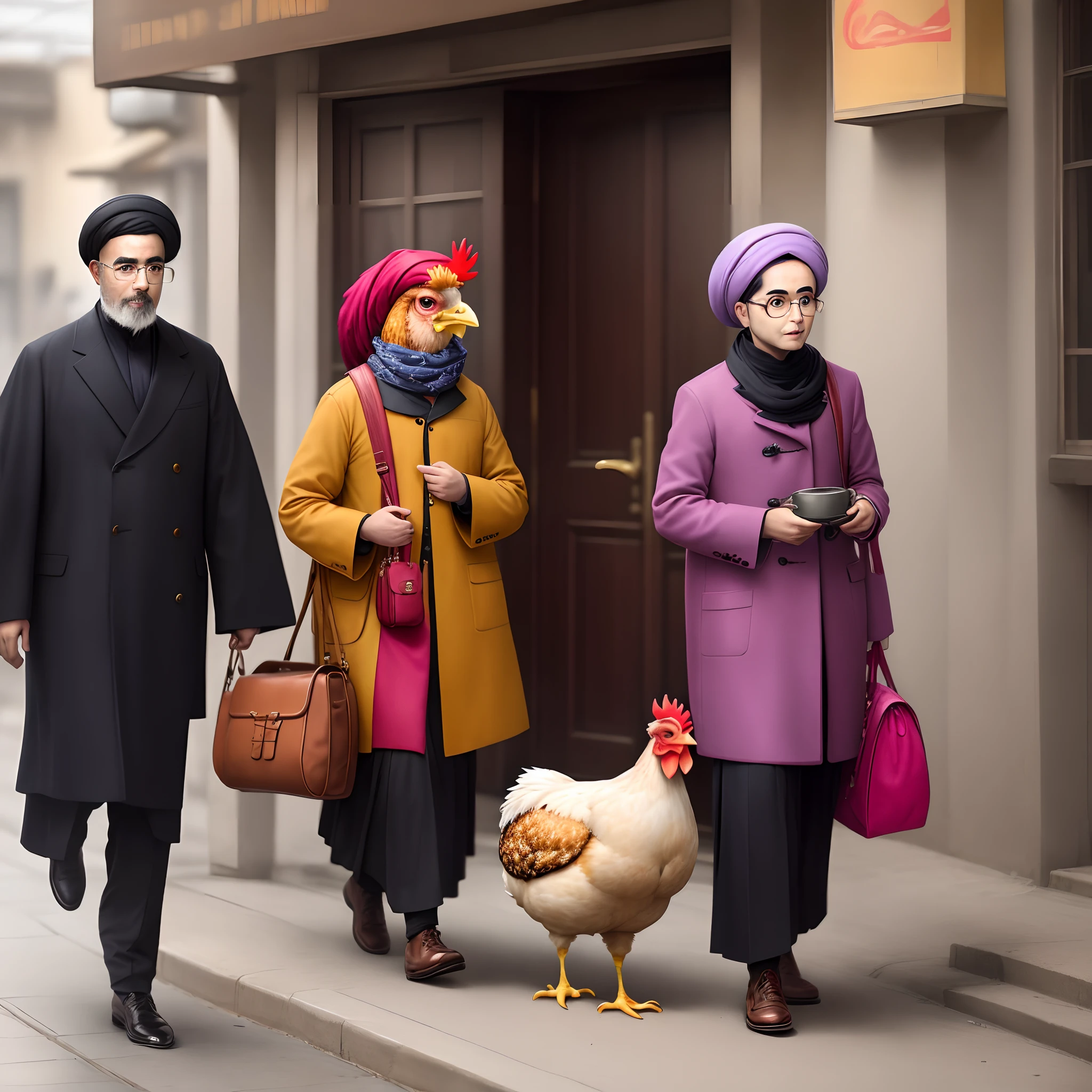 A chicken wearing a colorful coat, smokey glasses and carrying a traditional Iranian bag.  It is attached to the glasses and is walking