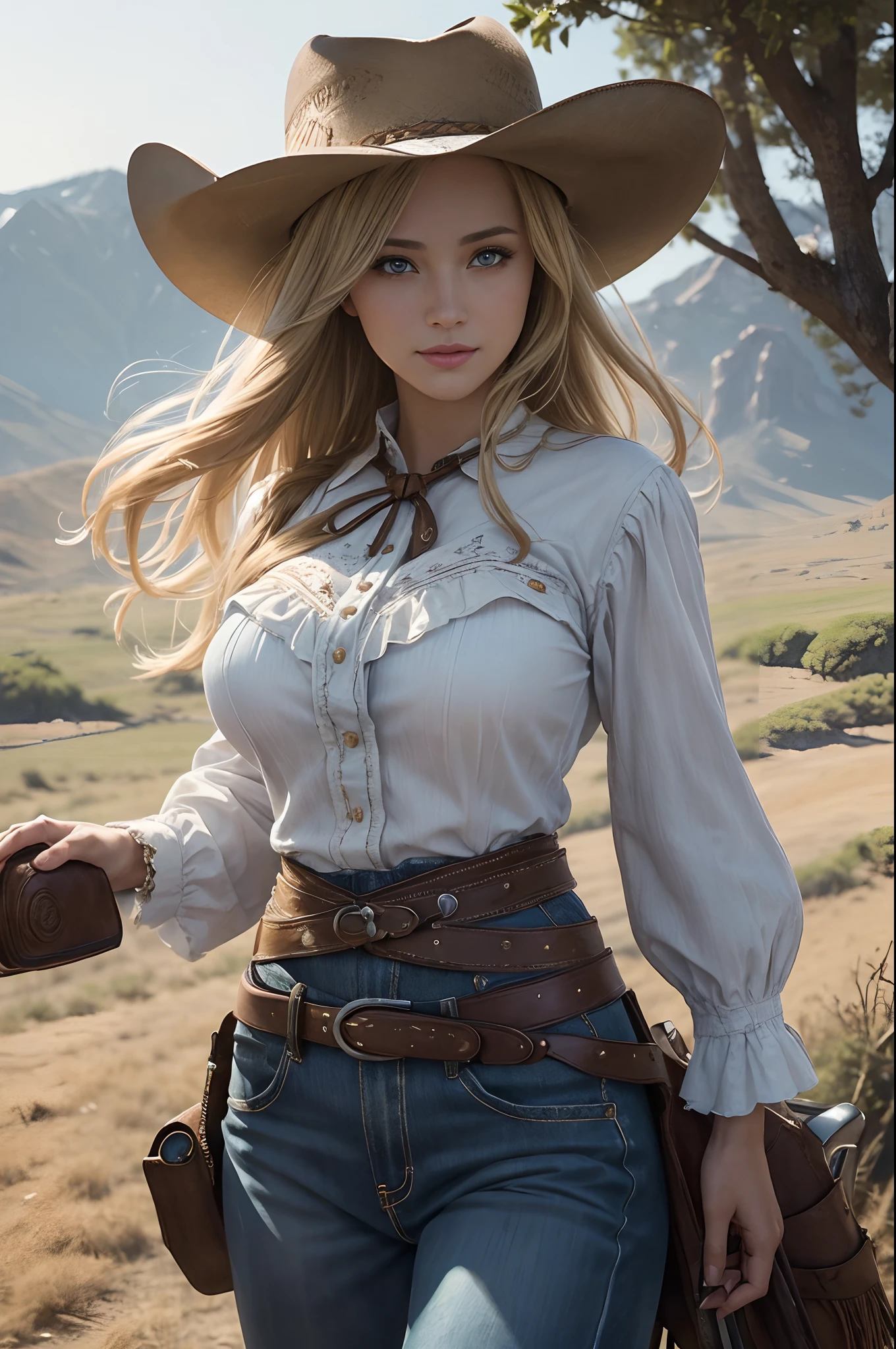 (Beauty feces(Female Cowgirl:1)portraitures:1.5)Wind-swept wilderness landscape(((masterpiece)))、((top-quality))、A MILF、blue eyess、Western Costumes、Brown pants、8K、The ultra-detailliert、realisitic、landscapes、concept-art、exceptionally detailed RAW color photo、Side angle、(lensflare:0.7)、particle effect、Ray latching、Cinema Trick Writing、Shallow depth of field、Shot with Sony Alpha 1、50mm wide angle lens、Foconitide、Cinematic Film Still、 dynamicposes、、(realisitic:1.3)、a blond、Woman Western、Gun belt.large full breasts、gazing at viewer、超A high resolution、a smile、Brown Western Hat,