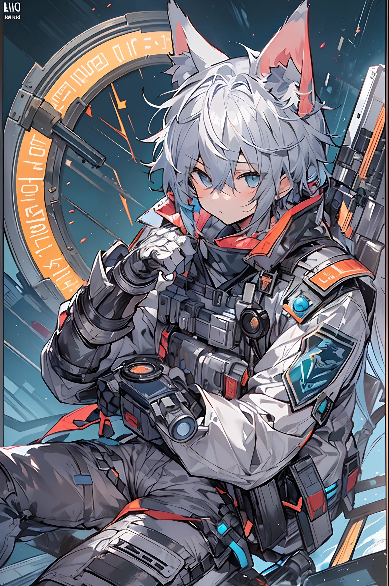 Game CG,8K quality,((younge boy)),Sense of childhood,Anime male protagonist,Wolf ears,Beast tail,Handsome face,Silver hair,Tactical communication goggles,Silver dye,Blue dye,One-piece mechanical armor,Mechanical gloves,Mechanical combat boots,Full body like,Spread your legs,Defeat,sitting on box,Personal close-up