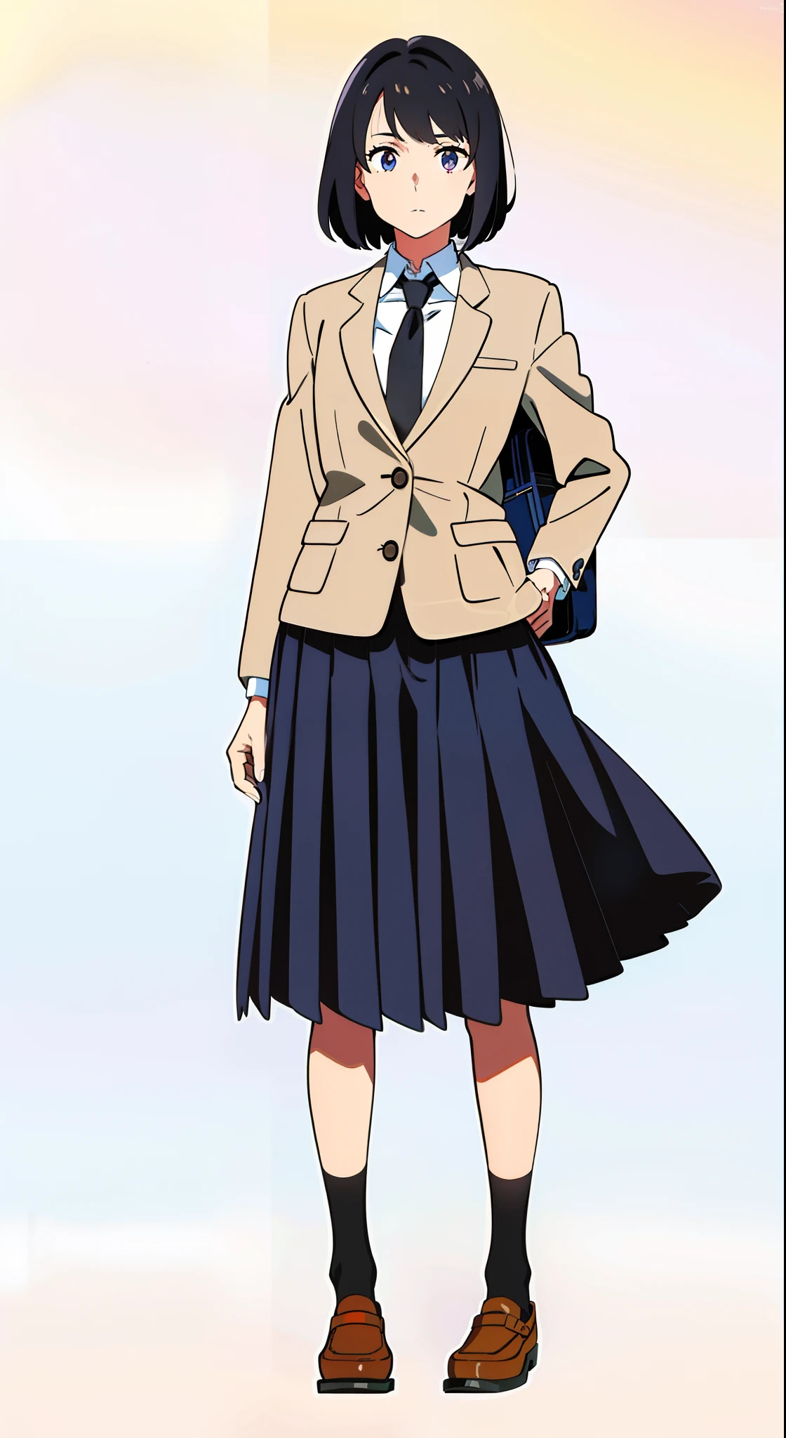(white background:1.1), (best quality:1.1), (masterpiece:1.1), (full body:1.0), (solo:1.0), (a 18yo cute girl:1.0), (long skirt:0.9), (dark blue skirt:1.0), (pleated skirt:1.0), (school uniform beige blazer:1.0), (dark blue necktie:1.0), (black socks:1.0), (loafers:1.0), (lanky:1.1), (tall:1.1), (slender:1.1), (small breasts:1.1), (detailed beautiful eyes:1.0), (detailed beautiful face:1.0), (glowing black eyes:1.0), (short hair:1.0), (strait hair:1.0), (black hair:1.0), (standing:1.0), (looking at viewer:1.0)