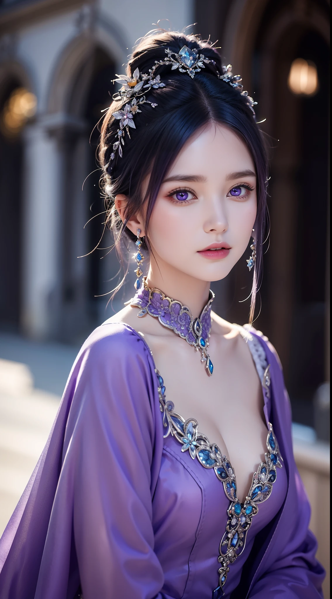 Take yourself to a fantasy and magical world, where a solitary figure stands on a beautiful façade. Single Girl, with blue-purple hair and piercing purple eyes, exudes strength and power. The close-up captures every detail, from the intricate design of the outfit to the emphasizing of her sensual features.