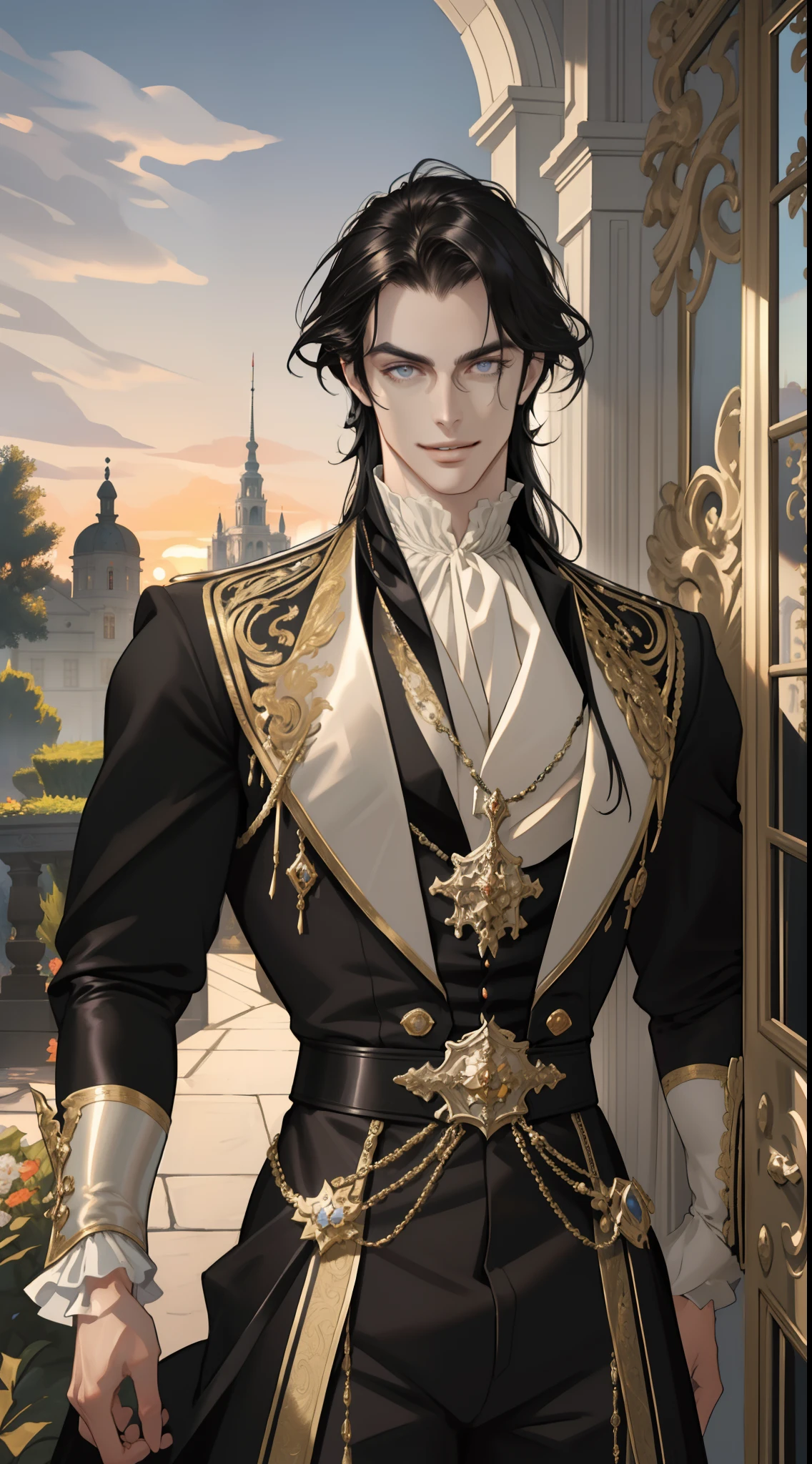 (masterpiece, best quality), 1 male, adult, handsome, tall muscular guy, broad shoulders, finely detailed eyes and detailed face, extremely detailed CG unity 8k wallpaper, intricate details, long black hair, large 18th-century baroque mansion, garden, nobleman, aristocratic, elegant, neat, graceful, sunset, scenery, smile