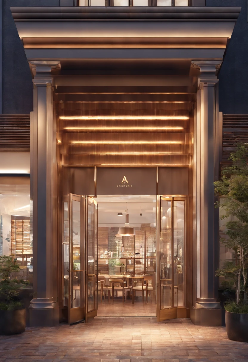 Facade and entrance of a 3D restaurant of 120m2 with space divisions, in high resolution 4K