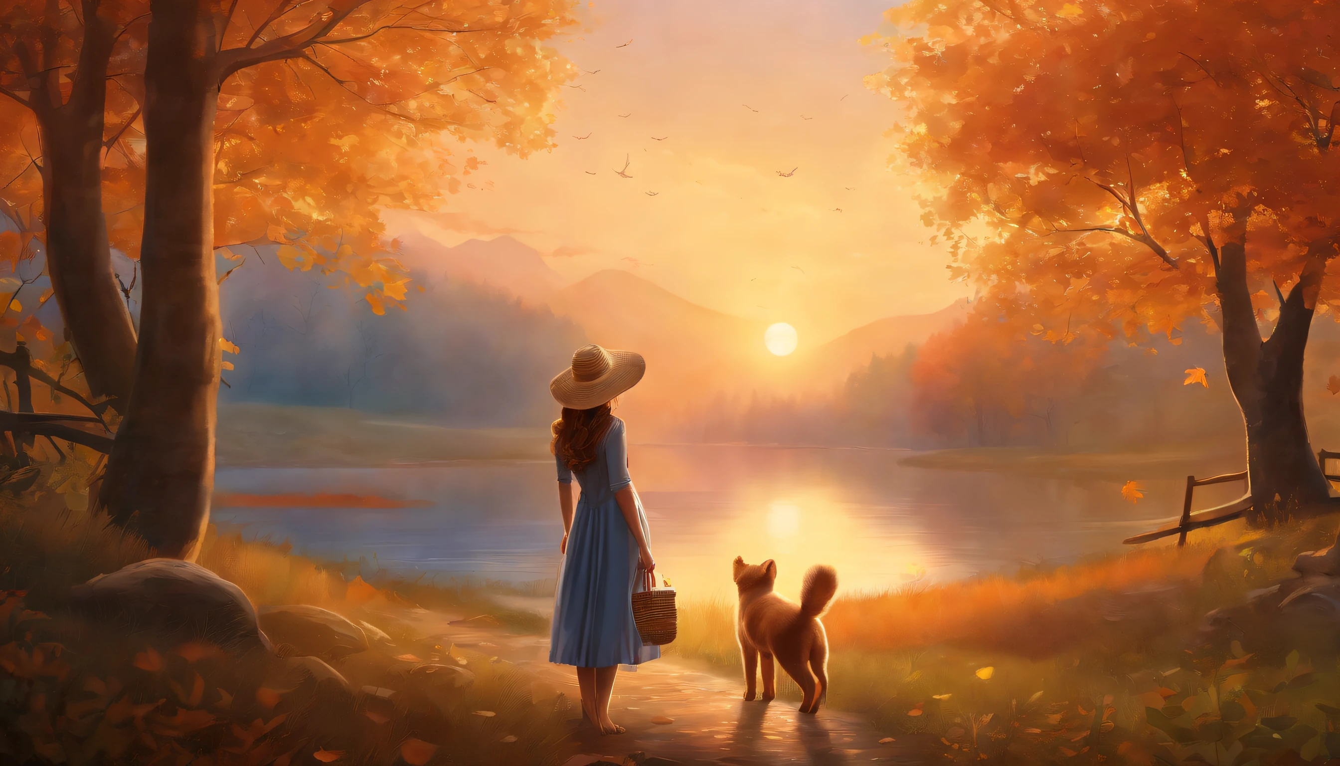 ((tmasterpiece:1.4, best qualtiy))+, (ultra - detailed)+,(watercolor paiting:1.2),Cute 1girl,Straw hat,blossoms,Light cyan hair,Very long hair,Aqua blue eyes,flatchest,Keep your mouth shut,Smiling,(a blue dress:1.3),Shoulders exposed,Bow knot,Side angle,Autumn landscape,The leaves are yellow,maple trees,eventide,riverbank,lake reflection,The sky is full of color,Orange-red sunset,The afterglow diverges,Big Mountain,Far Mountain,contours,Scenic beauty, (Warm light source:1.2), (the woods,Bare branches:1.2)(Very detailed CG unification,8k wallpaper),(The best picture quality),(illustratio:1.0)、intricately details, Epic composition、Realistic lighting、high definition detail、((tmasterpiece))、(Beautiful wildlife and natural wonders,With glowing lights)