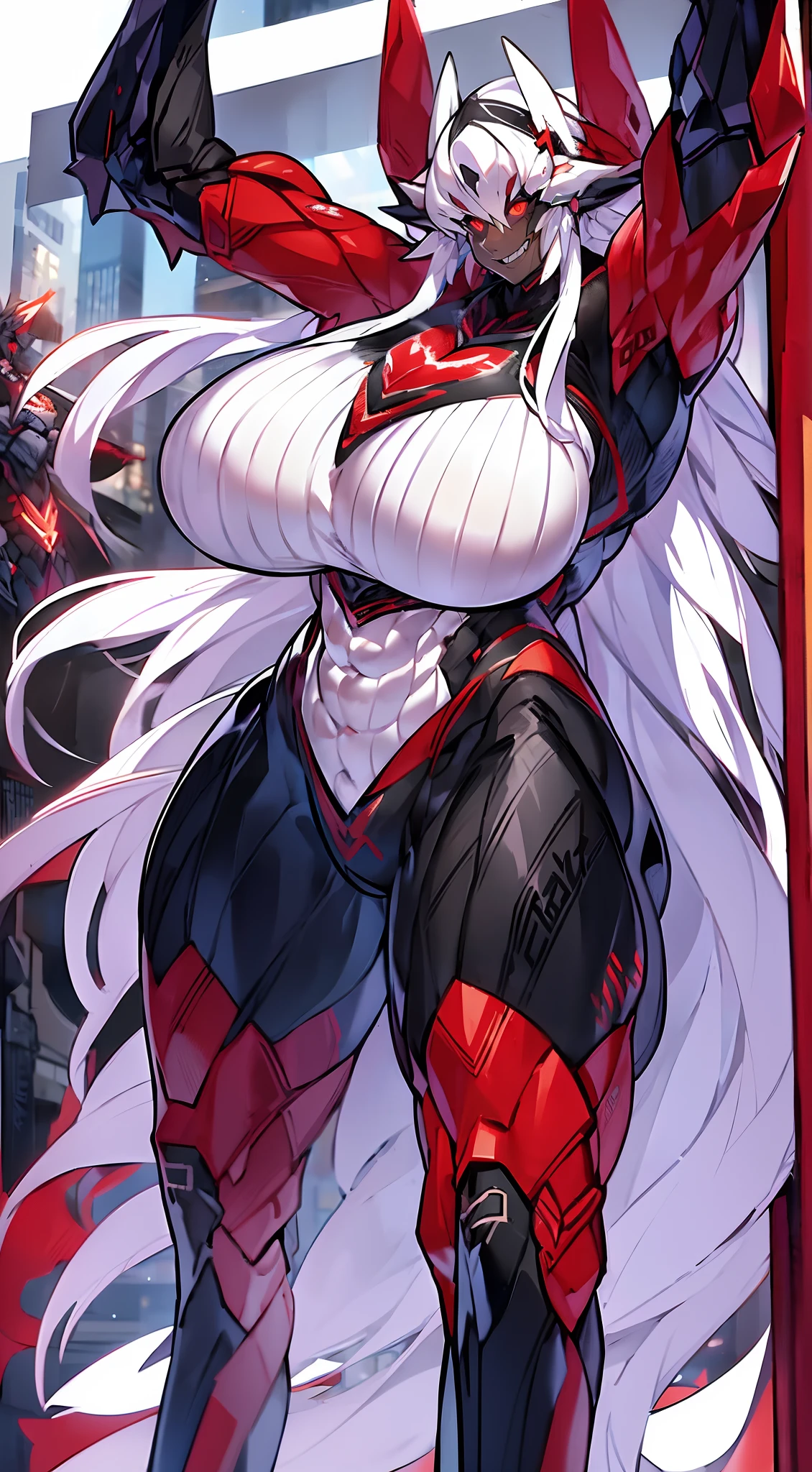 muscle girl,huge breast,, tall female, ,pants, solo focus, 1character, portrait full body,dark skinned female, , vest, coat, walking, medieval clothing, long hair, ,, open mouth smile, revealing cloths, , , berserker, warrior,, full body, walking,, ,flipflops, red eyes, sentai heroine, white bodysuit, silver hair, refsheet, smile