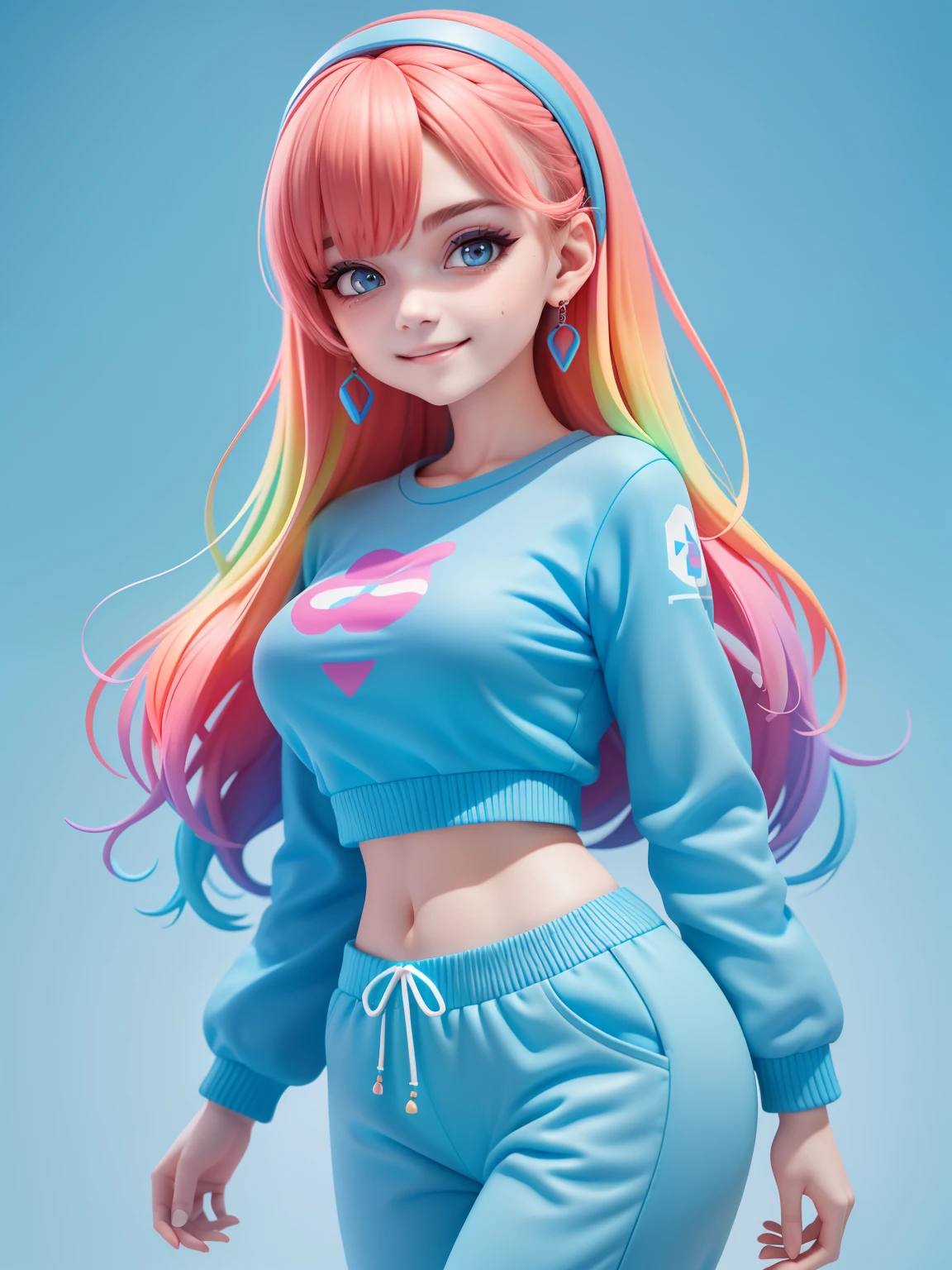 (tmasterpiece), (best qualityer), (ultra - detailed), (full bodyesbian: 1.2) Cute cute girl,real-time,Sky blue T-shirt, Knitted jumpsuit, Pants, jaket, blouse, Hefty Smile, full bodyesbian, :3, multicolored hair, Pastel tonal background , Extremely colorful,، simple.