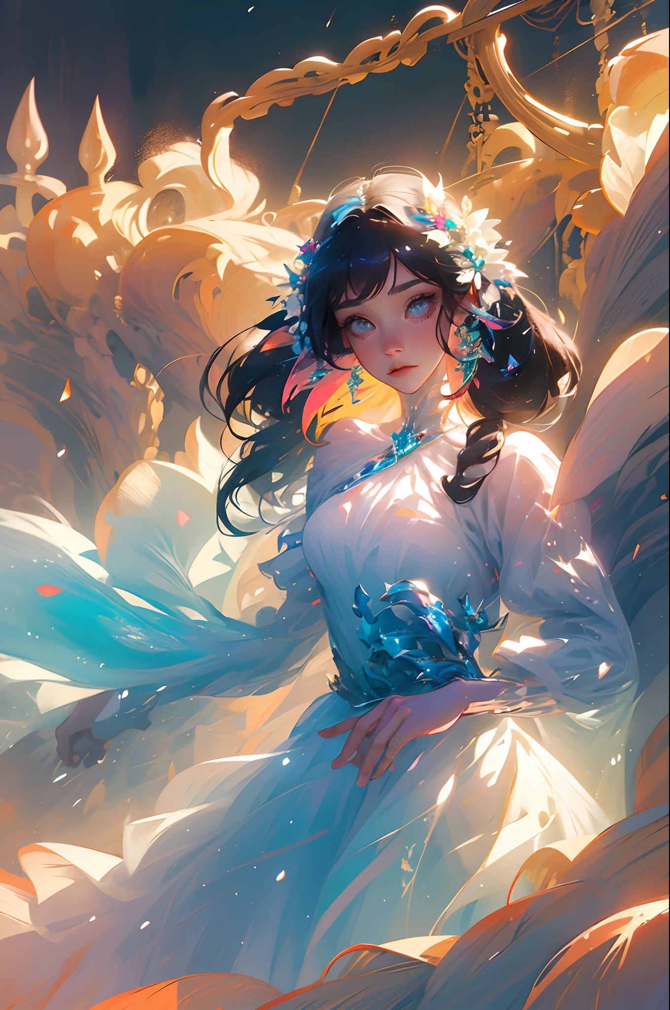 Semi-realistic anime photos, High quality, Fairies falling from the sky, Translucent with multicolored glitter, White Dress, Symmetrical face, the golden hour, Soft, Focused, Highly detailed, hyper realisitic, Dramatic Lighting, Elegant, Convoluted, Concept art, art by wlop, Mars Rabelo, Greg Rutowski, art  stations
