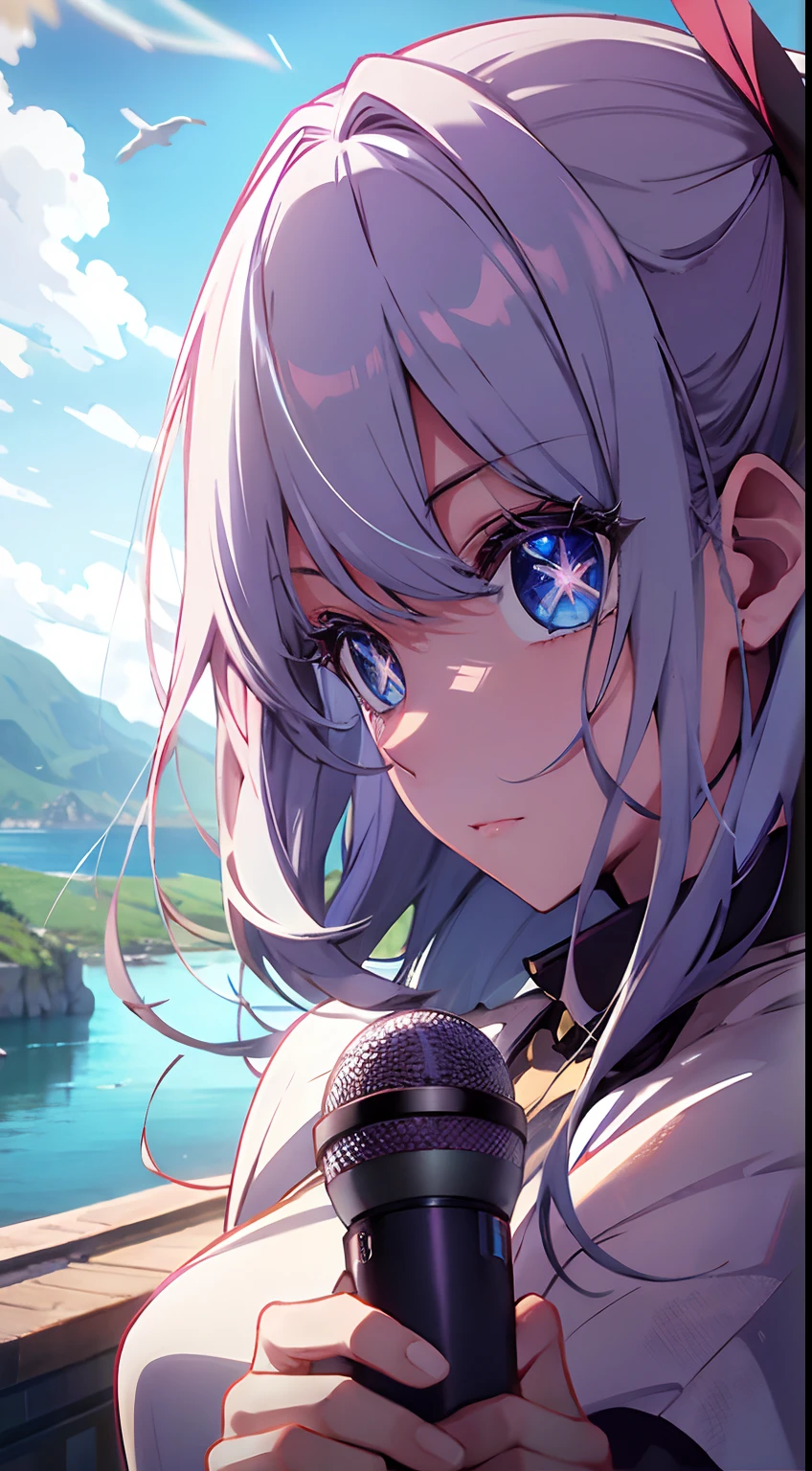 White hair、radiant eyes、blue eyess、long hair flowing with the wind、perfect-composition、fish-eye lens、8K、idol、I have a microphone