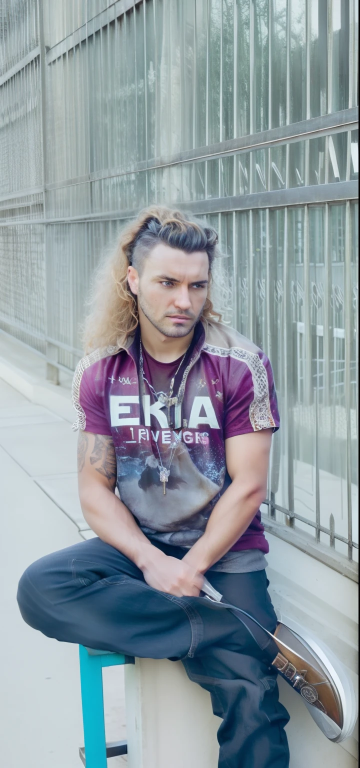 (dark shot:1.1), epic realistic, semi-cyborg male, 40y, biomechanical arms, dark caramel blonde sides ringlets hair with blond highlight, faded, (neutral colors:1.2), (hdr:1.4), (muted colors:1.2), hyperdetailed, (artstation:1.4), cinematic, warm lights, dramatic light, (intricate details:1.1), complex background, (rutkowski:0.66), (teal and orange:0.4), (intricate details:0.9), (hdr, hyperdetailed:1.2), (natural skin texture, hyperrealism, soft light, sharp)
