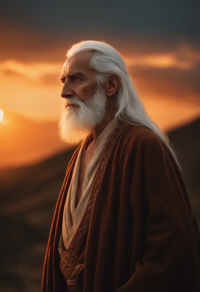 Create a wise man with the appearance of an old man with a beard and long white hair, Old clothes looking at orange sky image in 4k