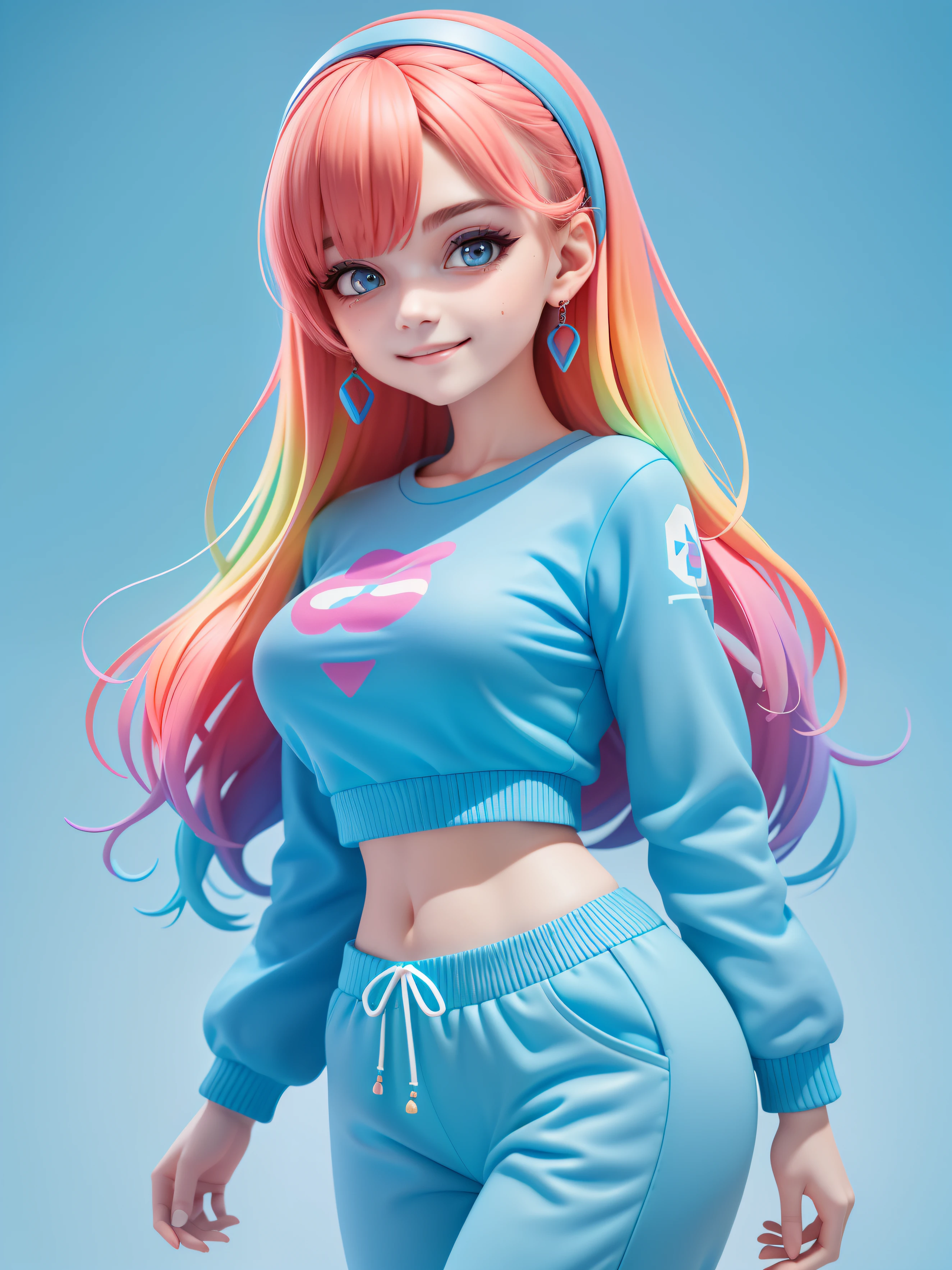 (tmasterpiece), (best qualityer), (ultra - detailed), (full bodyesbian: 1.2) Cute cute girl,real-time，Sky blue T-shirt, Knitted jumpsuit, Pants, jaket, blouse, Hefty Smile, full bodyesbian, :3, multicolored hair, Pastel tonal background , Extremely colorful，، simple.