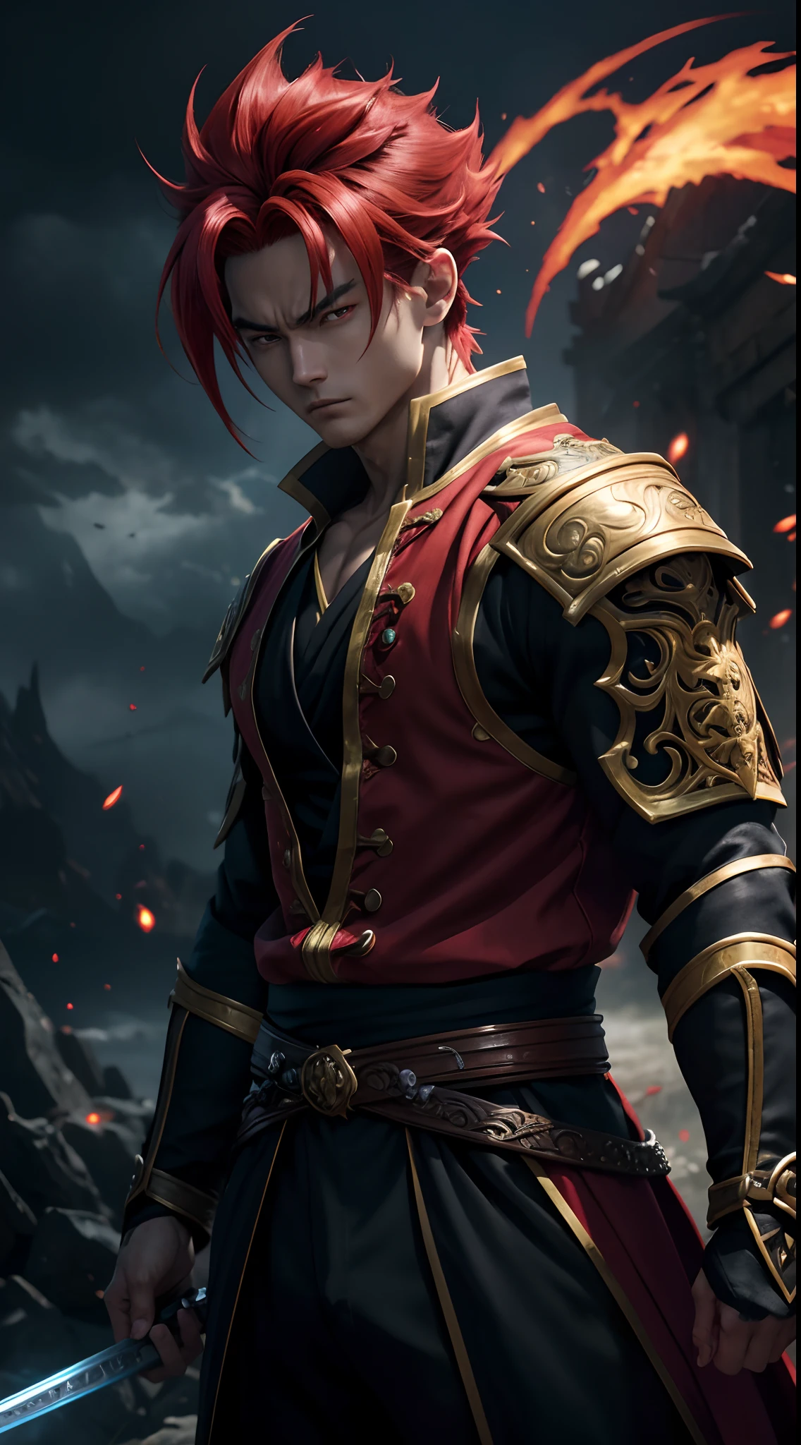 An 8k masterpiece, highest resolution, every detail, meticulous detail, depth of field, bright colors, beautiful composition: stunning take on an anime character Gohan with brilliant red hair and beautifully detailed glowing eyes, standing against a dark and ominous background. This handsome demon slayer is the epitome of bad guys in the world of fantasy art.