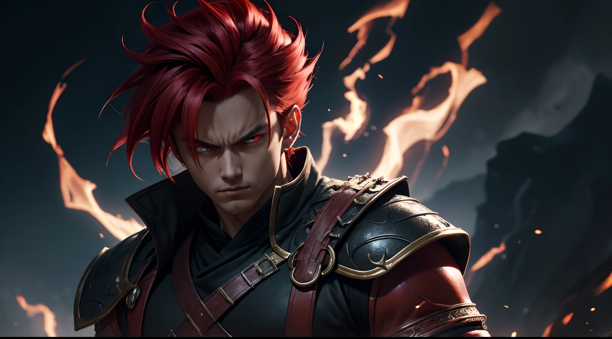 An 8k masterpiece, highest resolution, every detail, meticulous detail, depth of field, bright colors, beautiful composition: stunning take on an anime character Gohan with brilliant red hair and beautifully detailed glowing eyes, standing against a dark and ominous background. This handsome demon slayer is the epitome of bad guys in the world of fantasy art.