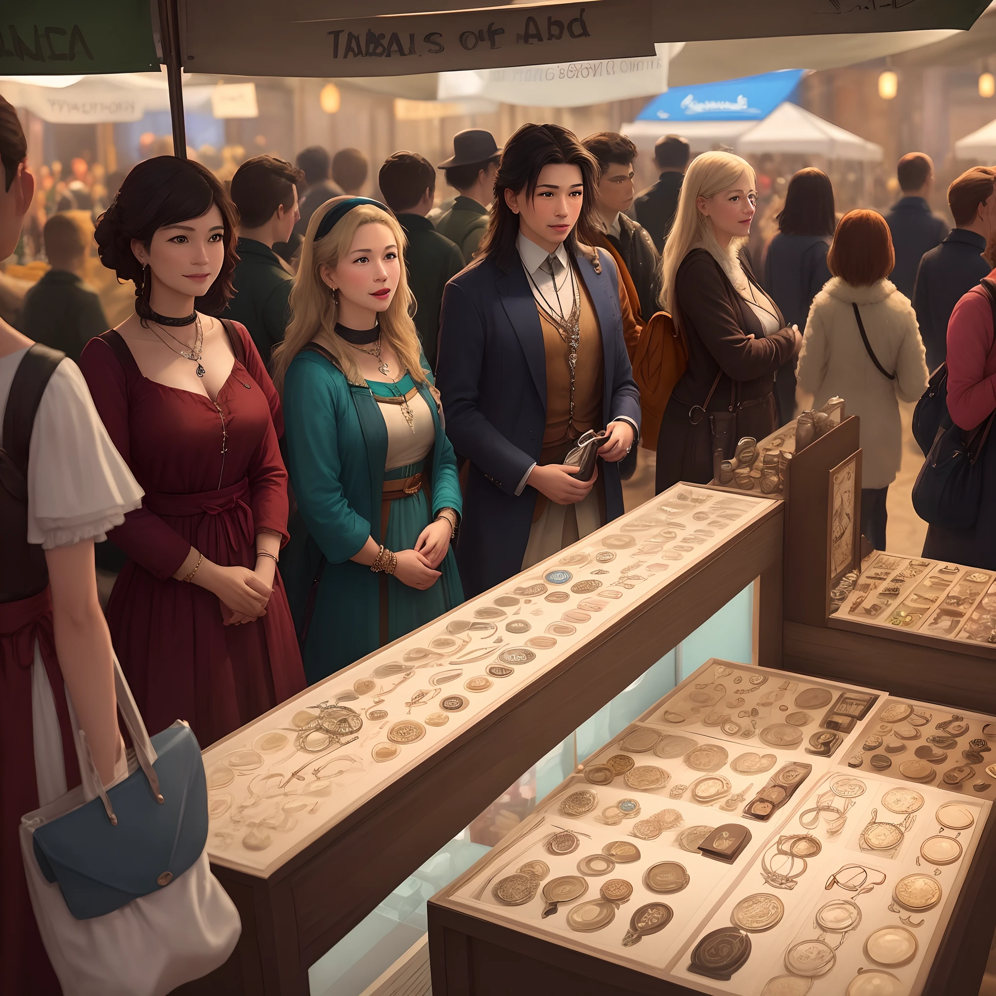 A line of traders from different parts of the world eagerly waiting to see Isabella's unique jewelry.