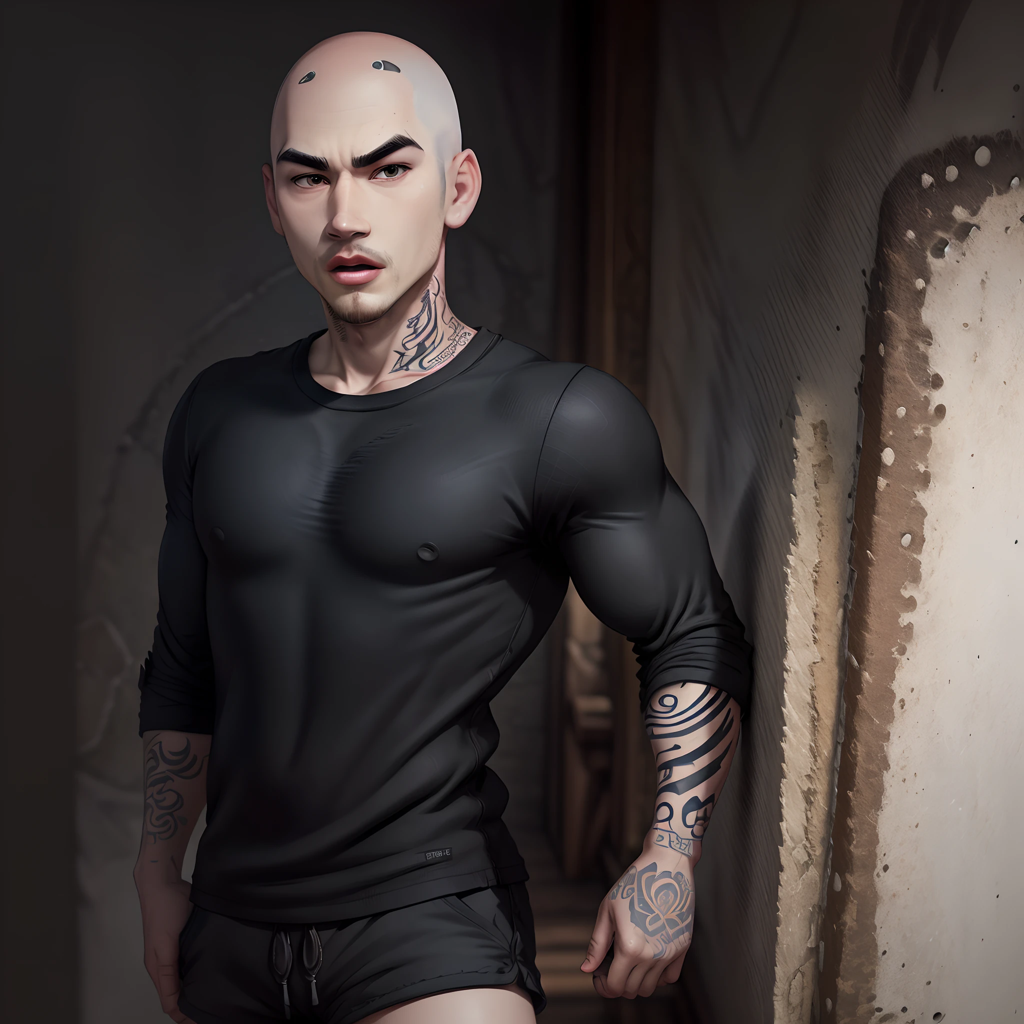 Make a Pixar-style character, bald, black goatee, thick eyebrows, small eyes, big mouth, medium nose. His skin color is white, thin, tattooed. dressed in a black shirt and shorts.