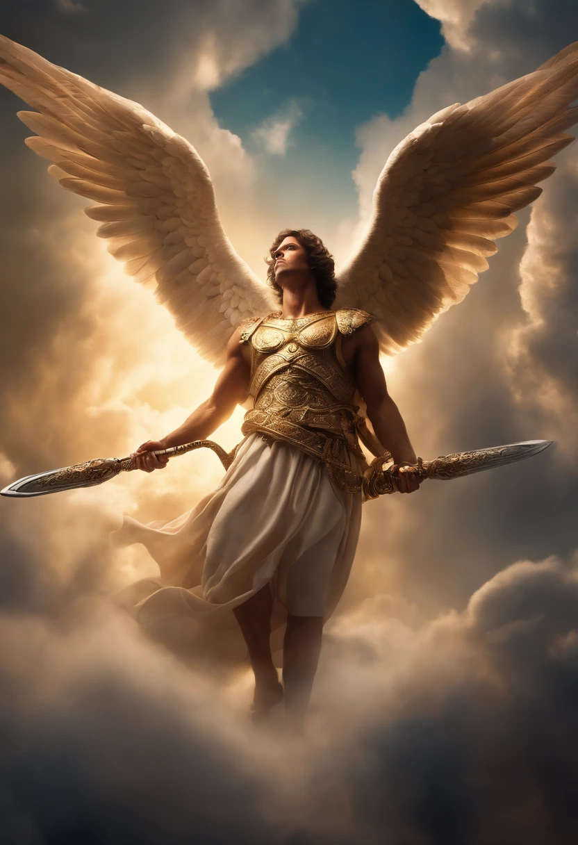 ((1 homem anjo)), cósmic Archangel Gabriel, ((1 homem)), oLhos cLaros briLhantes, Biomechanicals, beauty face, the God of angels, with a flickering sword in his hands, angel of justice , The most beautiful of angels, cores muito briLhantes, light particles, com Luz briLhante, Mshiff, Arte do papeL de parede, papeL de parede uhd