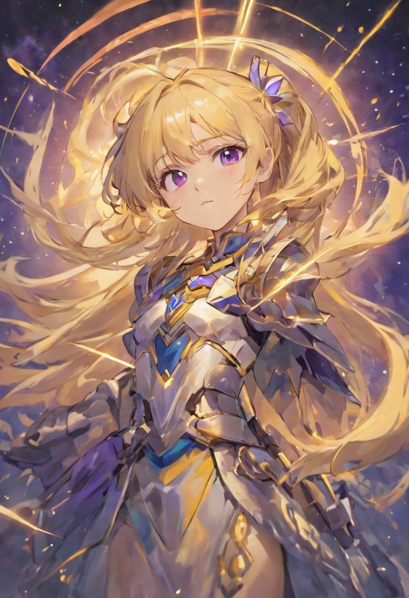 Long blond hair with slightly curly hair，Single ponytail，Purple eye，Starry gray knight's armor，Dark blue round pendant，A silvery-white broad-bladed sword
