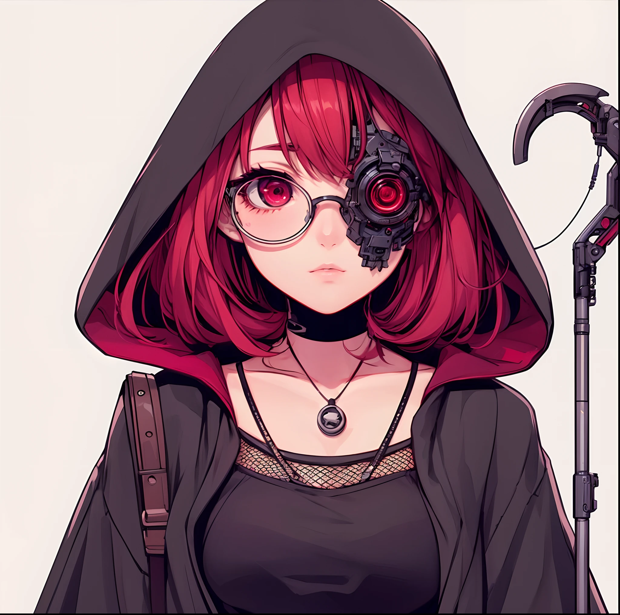 (best quality,ultra-detailed,realistic:1.37),serius Anime style, young woman,[Crimson red hair],[crimson red eyes],[Cybernetic left eye],[Robotic arm],[Technopriest],Glasses,Casual clothes,[Teenager],[Bored look],[Metal staff], portraits, vivid colors, cool-toned lighting. chica anime con el pelo rojo y una capucha sobre la cabeza, Chica de anime cyberpunk con sudadera con capucha, Personaje de estilo anime, Chica de anime cyberpunk,  - ye Anime goth girl, en un estilo anime, Arte detallado del personaje de anime, Personaje de anime, Chica de anime Gothic Maiden, digital anime illustration, anime style illustration, Arte digital de estilo anime, Anime Arte cyberpunk, Arte digital cyberpunk anime