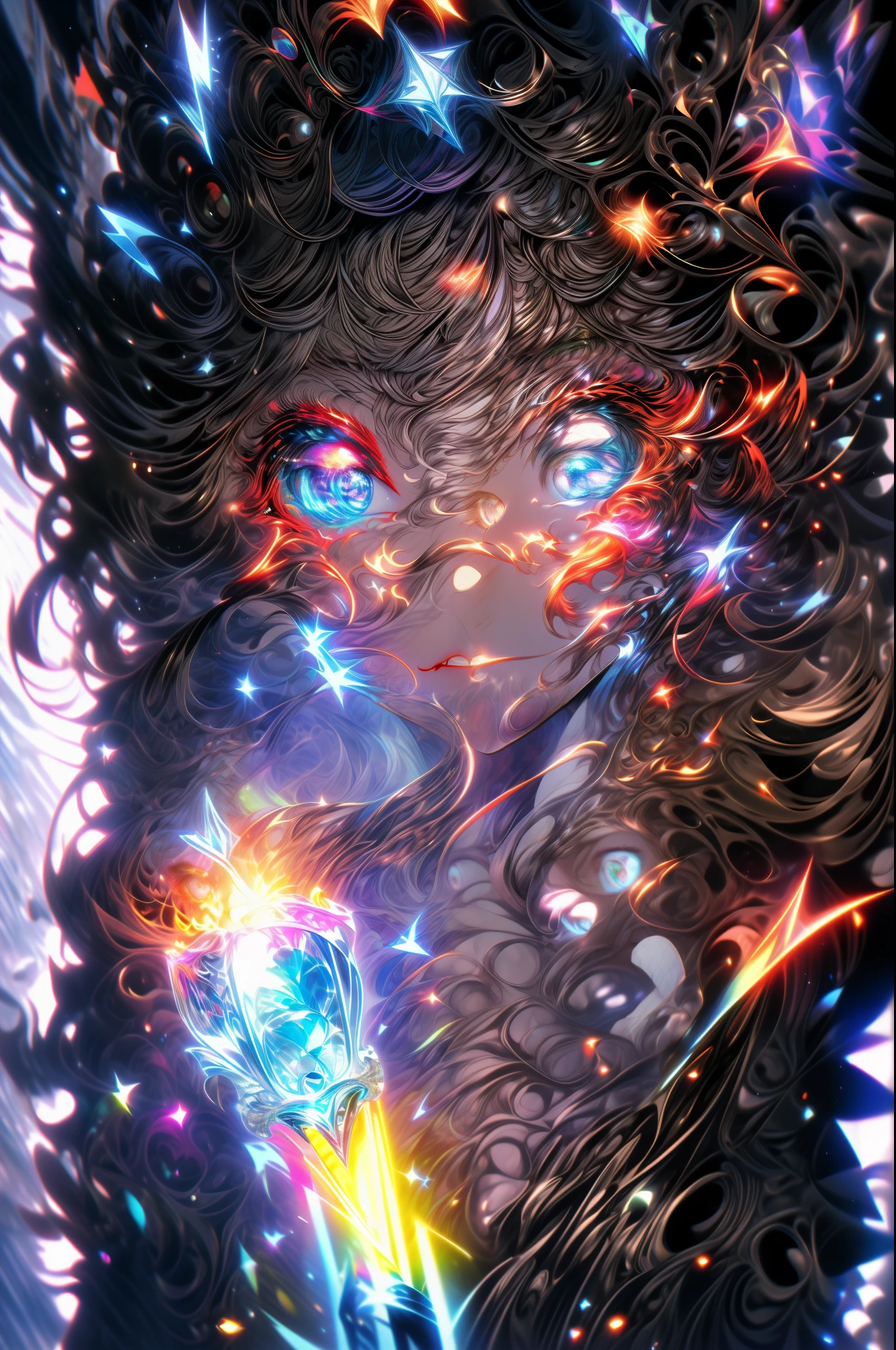 masterpiece、top-quality、超A high resolution、Fluorescent color、Cool Men、beautiful countenance、beautidful eyes、(off shoulders:1.2)、turn your head up、The upper part of the body、the woods、shinny hair、shinny skin、Shine Cut、Chibi、Finger Scale Coordination、black starlight dress、Particle