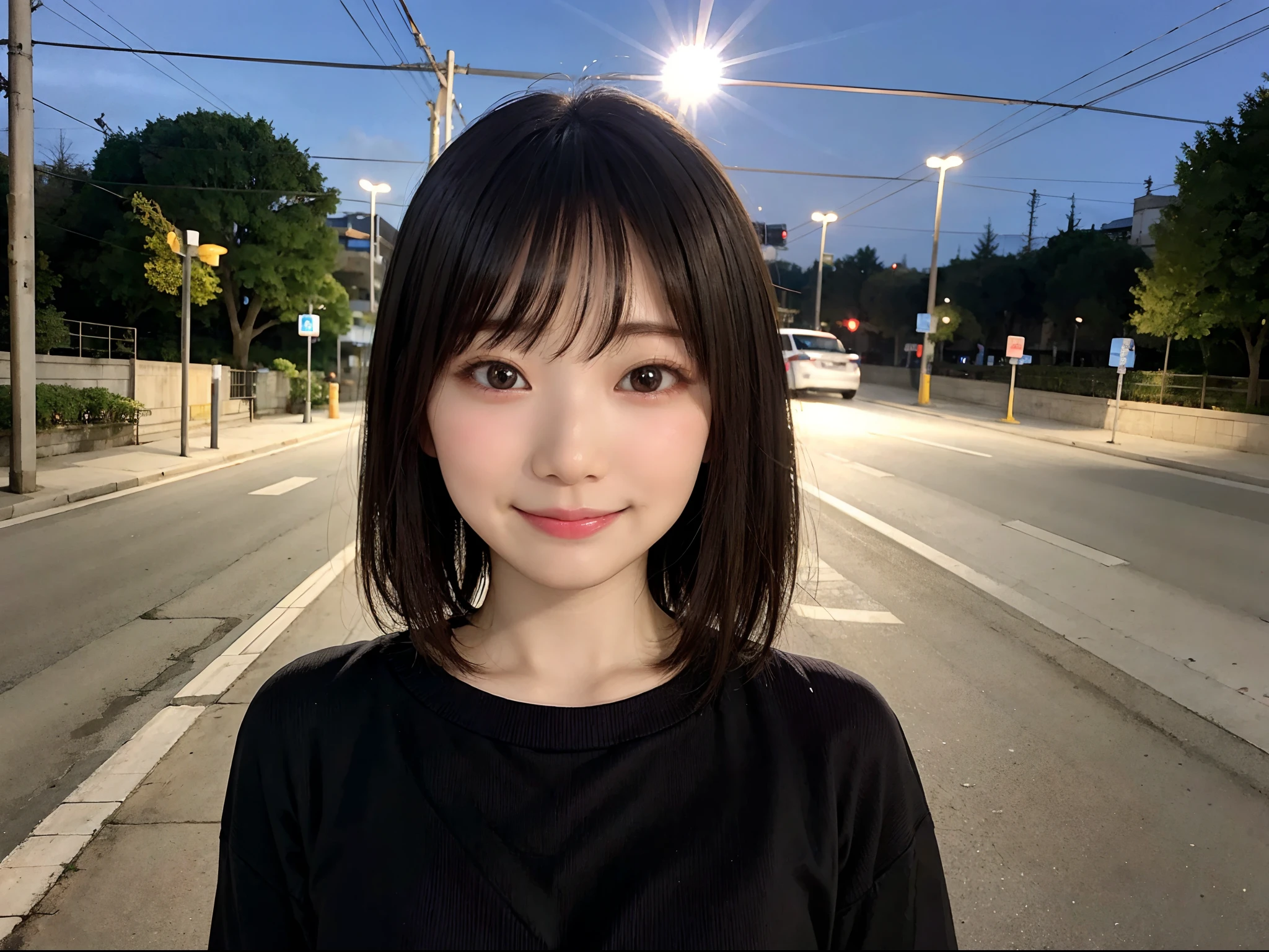 Japan woman in casual clothes on street corner of Tokyo at night、Wearing black-rimmed frame glasses、looking at the viewers、(top-quality、​masterpiece)))、hight resolution、ighly detailed、​masterpiece、Movie Lighting、(8K、top-quality、​masterpiece:1.2)、(realisitic、Photorealsitic:1.37) Hi-Res、Super Detail、Asian, cute little, cute  face, 独奏, Short hair 1.2, Textured skin, Beautiful detailed night sky, night landscape、Movie Lighting, depth of fields, Lens flare light、(The upper part of the body:0.5)、Dating、(blush nose)、(A smile:1.15)、(Mouth closed)tiny chest、beautiful finely detailed eyes、(Sweaters:1.1)、(shorth hair:1.2)、Floating hair Nova frog style