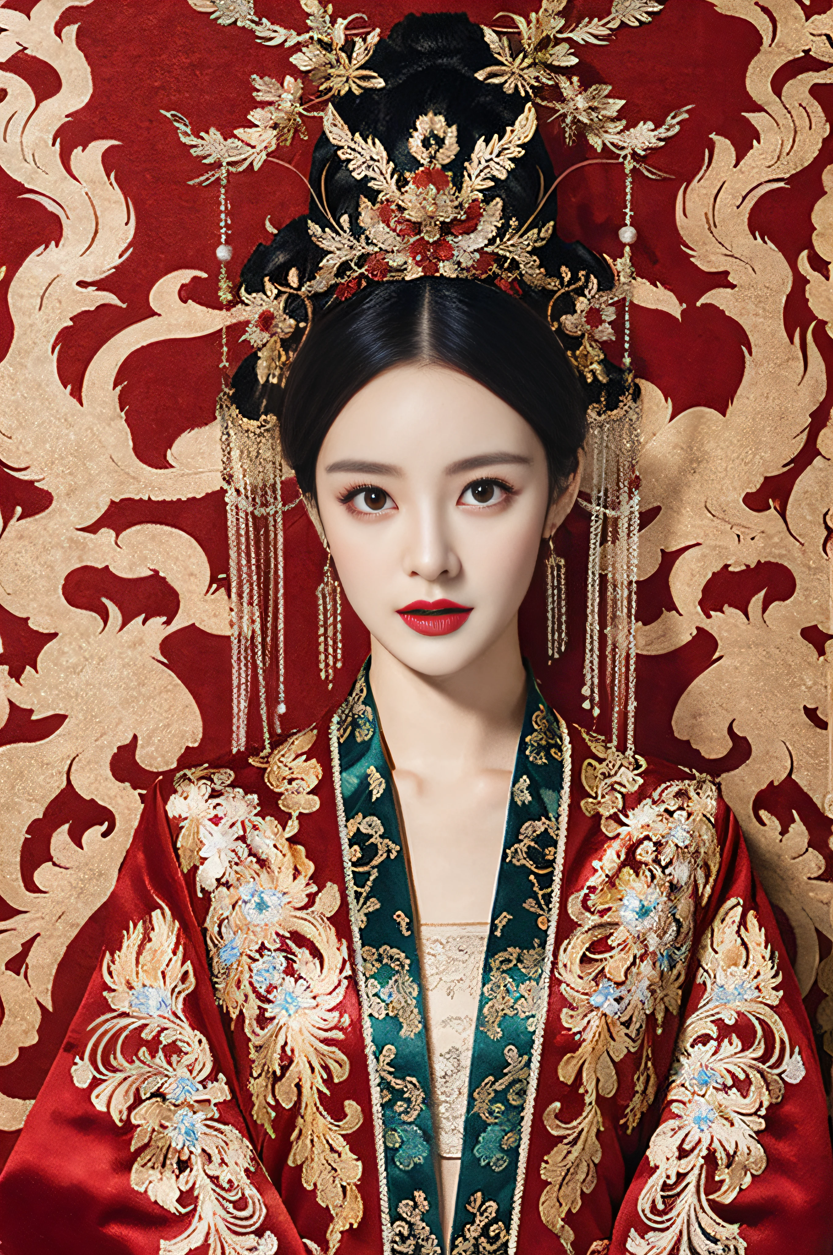 1. Mature girl ，Black color hair，Floating hair，Elaborate Eyes，Red antique damask Hanfu，Phoenix Guanxia，head gear，Wedding view，F1.8，tmasterpiece，Complexscenes，Gorgeous portrait shots