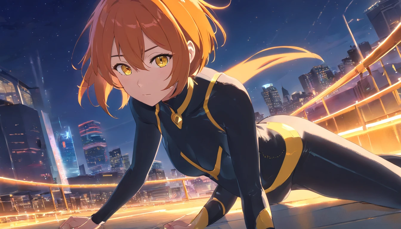 masterpiece、1 female、Orange hair、huge tit、Big ass、Black catsuit、yellow eyes、thigh、Short Bob 、eyeshine、(Spark:0.7)