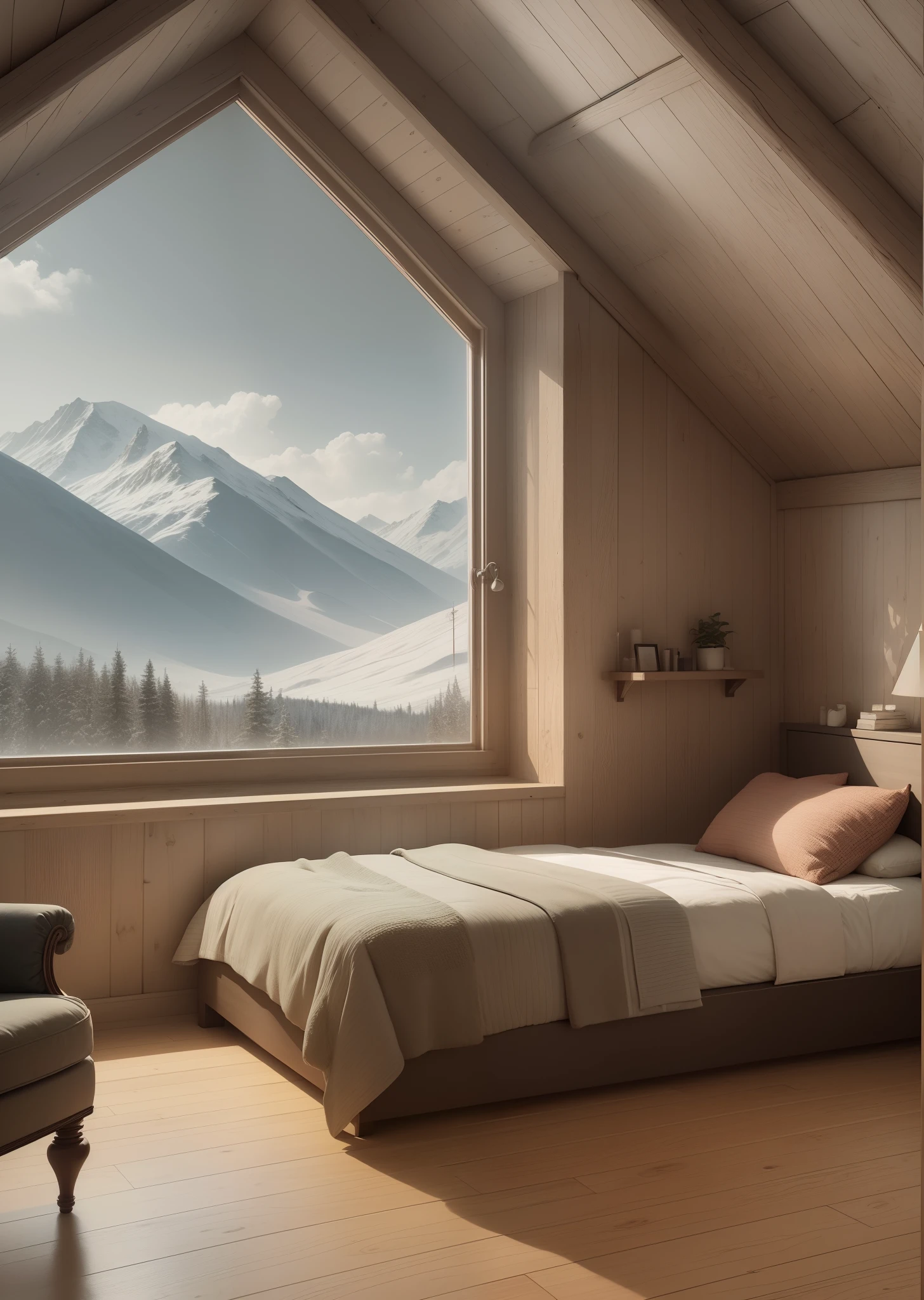an inviting and cozy attic room, with beautiful windows that offer stunning views of snowy mountain ranges. A comfortable bed is placed in the center, creating a relaxing atmosphere. Adjacent to the bed, a fireplace adds warmth and charm to the room. On one side of the room, a small cabin-like space features more windows, while the opposite side reveals a bathroom with two lamps for soft lighting. Near the bathroom, shelves filled with books captivate the attention of a woman who is sitting in this serene environment. The attic room showcases a perfect blend of tranquility and inspiration, allowing one to unwind while surrounded by the beauty of nature and the joy of reading. --auto --s2