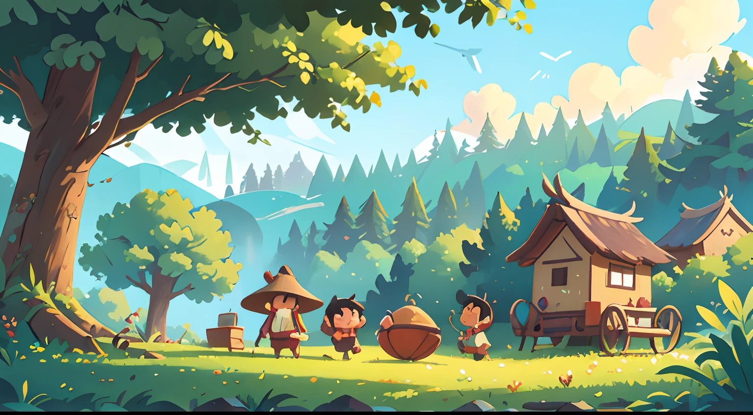 In a background picture depicting a view of a Zhuang village,It shows a strong national cultural atmosphere。In the center of the picture is a photo of Xiao Ming and his friends enthusiastically playing the big drum,The theme of the story is highlighted。