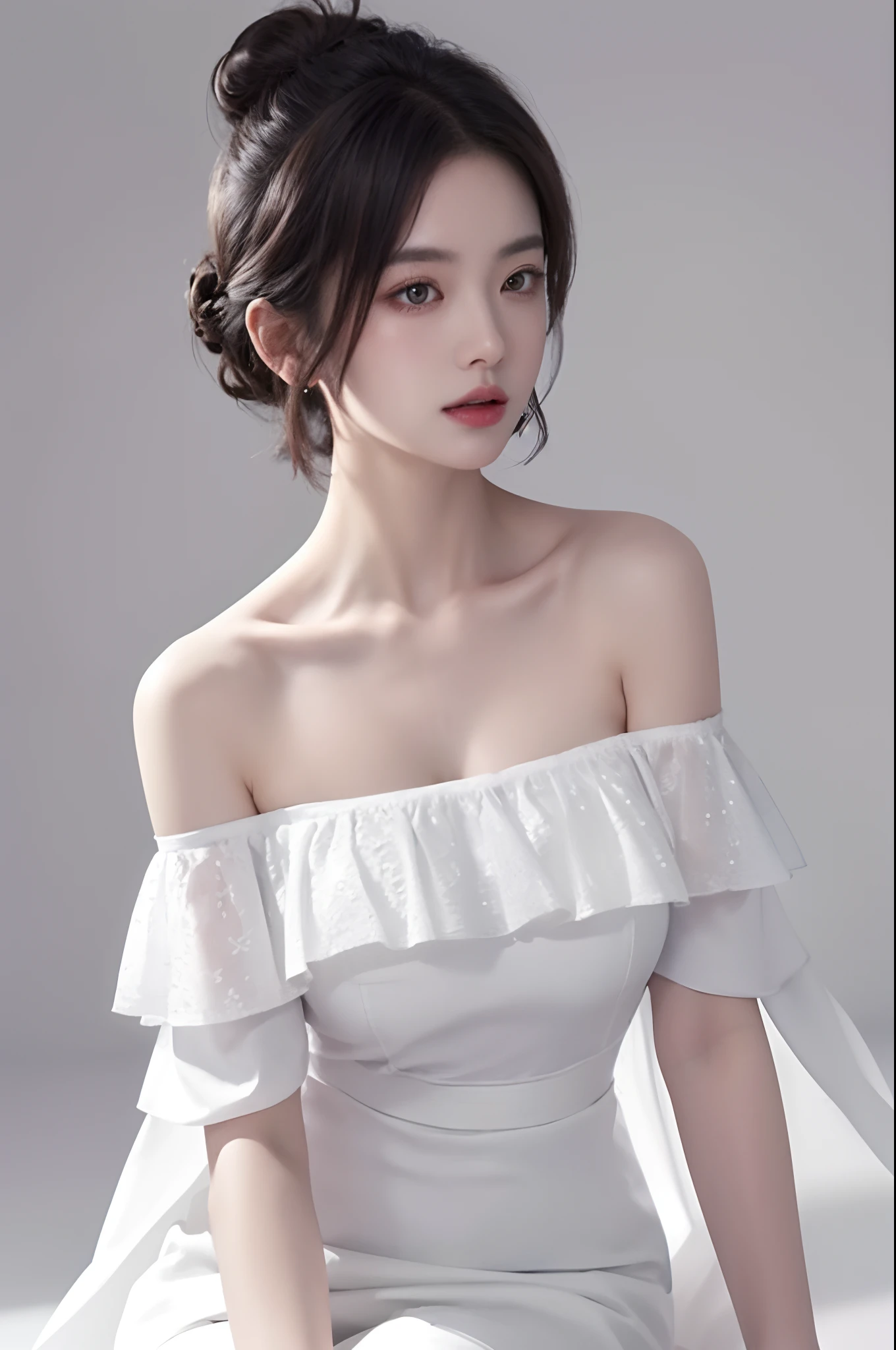 Masterpiece, Superior quality, Ultra-detailed, 8k drawing under CG unification, A woman who is,white  skirt,short detailed hair,hair bun,off shoulder,collarbone