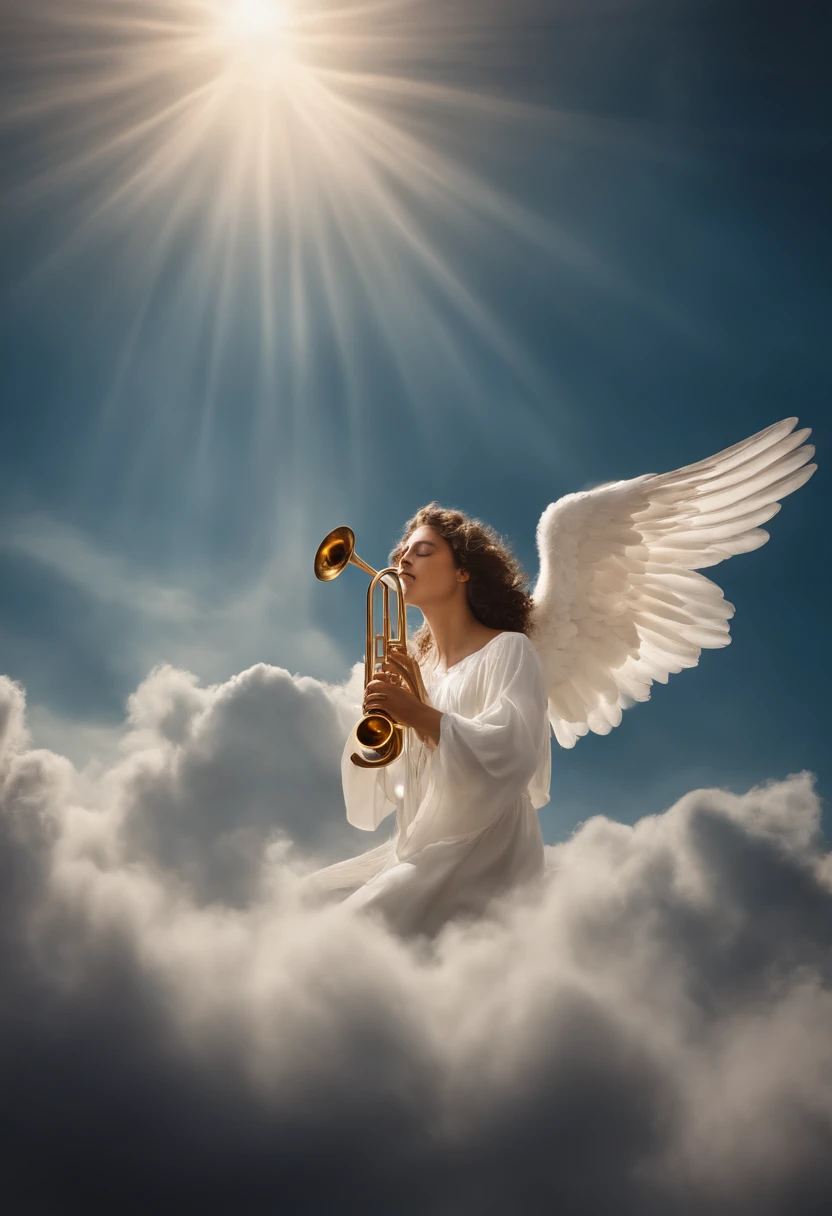 Hyper realistic angel Gabriel plays trumpet while floating in the sky surrounded by clouds, Uma luz encantadora o ilumina, Cinematic image,