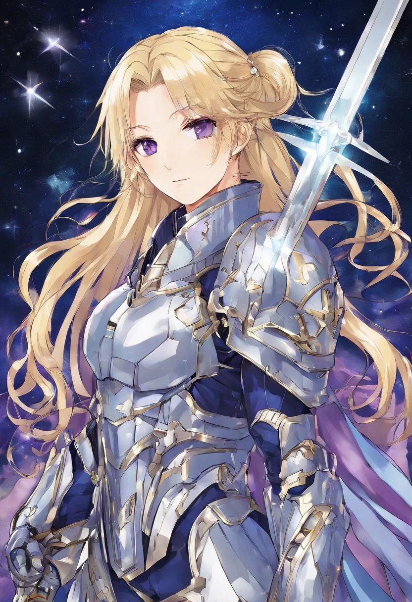 Long blond hair with slightly curly hair,Single ponytail,Purple eye,Starry gray knight's armor,Dark blue round pendant,A silvery-white broad-bladed sword