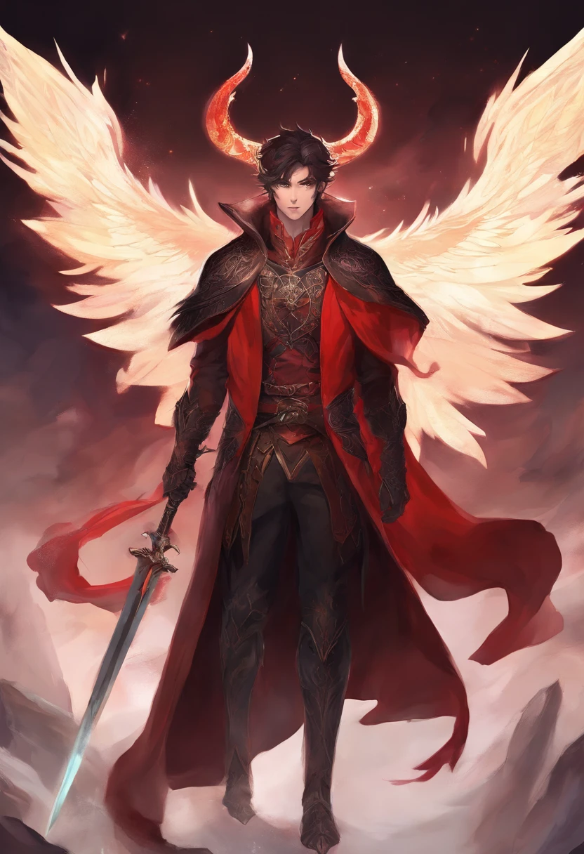 A male demon king with black horns, short brown hair, a normal beard shape that is thick, in a black and red royal outfit showing some chest with a black cape with some fur trimming, with a two-handed sword surrounded by a red and mostly black mist.
In the style of Shonen anime