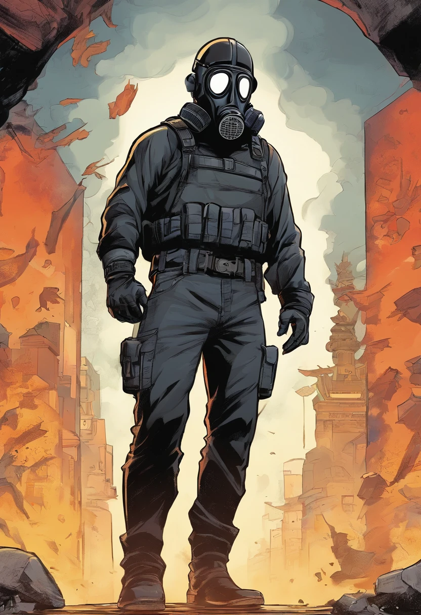 Man with black shirt, black pants with gun holsters, gloves, a black gas mask with one sided filter, helmet, no face, comes out of the fog