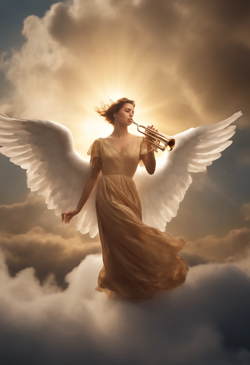 Hyper realistic angel Gabriel plays trumpet while floating in the sky surrounded by clouds, Uma luz encantadora o ilumina, Cinematic image,