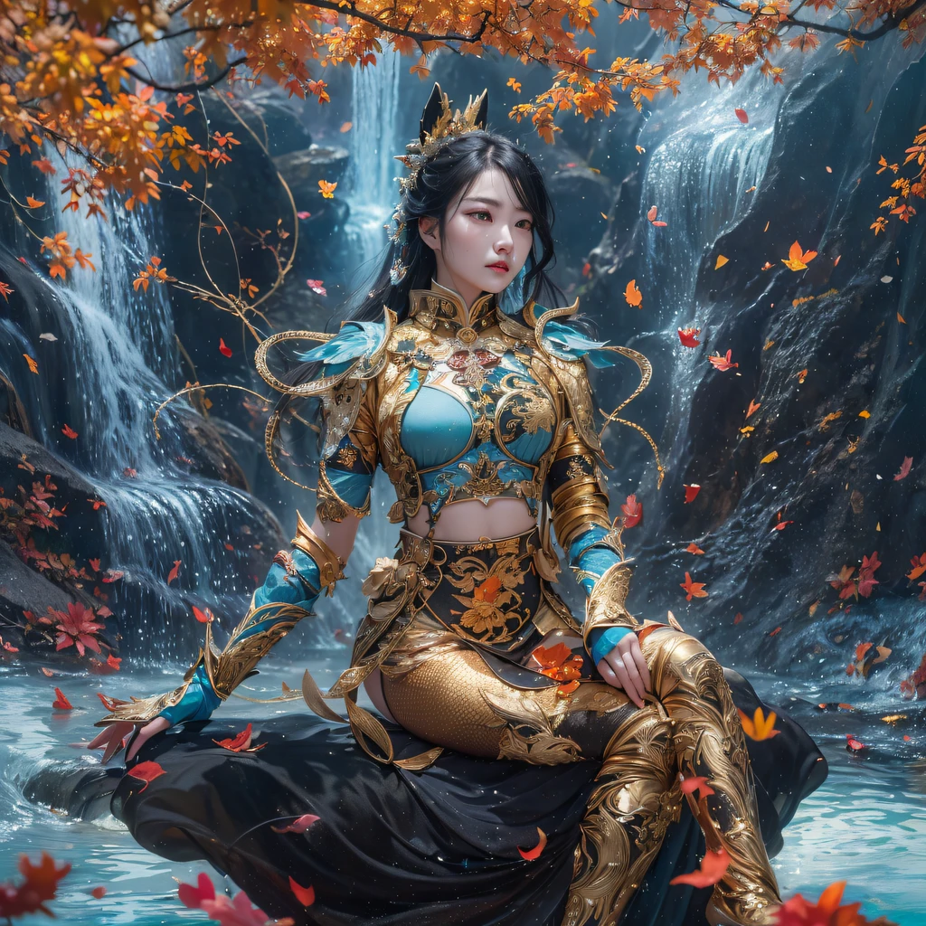 Fly the Nine-Tailed Light Blue Sky Division Flame Hairy Bear Star,Erotic,Torch Night Black Gold Orange Brocade Silk Snake Print Silk Pants,Rouge diamond tulle sheer lizard-patterned leggings,Fat Girl Space Flying in the Snow 1:900 miniatures,Front view,Pure transparency,Wear boxing gloves,Wear thick-rimmed reflective sunglasses with gold threads,Panorama ultra-wide angle,extremely happy,The texture of the real person is delicate,Strong visual impact,Hyper-detailing,Dream girl,Refined face,prettyeyes,Hair strands float in the air, Cherry model,Ouyang Xiaotong,crystal-clear,Good sense of perspective,Light and shadow effects,16K smooth,Surface reflected light,Flowing black hair,Water Goddess 32K,复杂,ellegance,highly detailed,A majestic,Digital photography,Autumn cowboy shot,surrealism painting,Broken rubies,Beating magic,Entwined water magic,(tmasterpiece,Cinematic light,Fine beautiful eyes:1.2),hdr,Void 5 Energy Storm,(China 1 girl,Black eyes:1.5),Rouge skin,Glowing skin,(sitting on the stone:1.5),delicated face,Black color hair,Put on palatial gold armor,cropped shoulders,,short skirt,Beautiful golden armor,Rained,big breasts beautiful,looking at viewert,Face away from the camera,tmasterpiece,Lateral face,Side portrait close-up