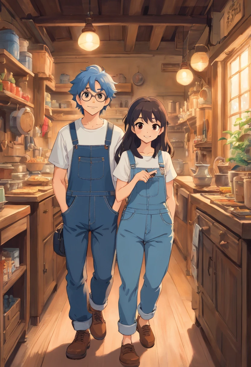 a young couple, where the woman has long blue hair, brown eyes ,fair skin, dressed in denim overalls or something similar, and wearing a black apron for painting canvases and watercolors. The man has fair skin, medium brown hair, he has a v short beard ,almond-shaped brown eyes, and plays a cream- colored electric guitar. he dressed tshirt and Jeans. style should be similar to Disney Pixar, and the background should be inspired by the movie "Up - Up Adventure.”