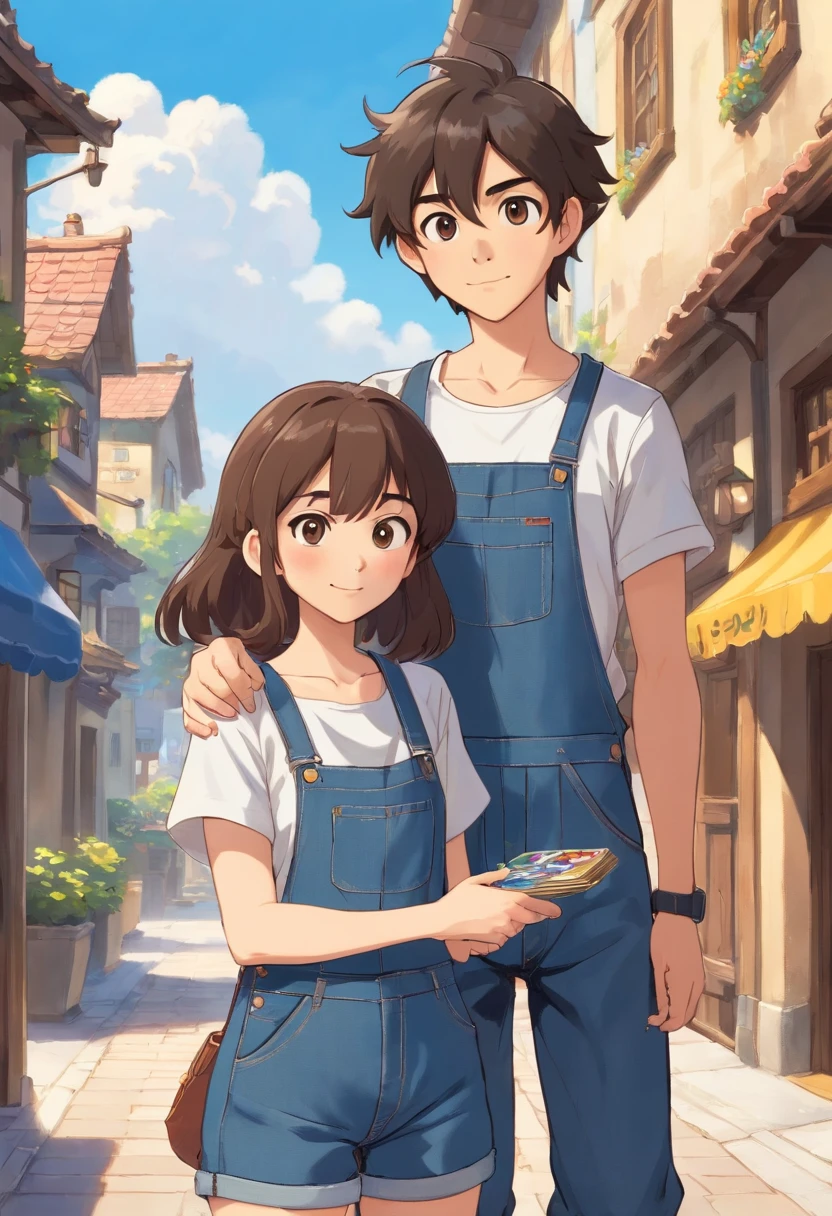 a young couple, where the woman has long blue hair, brown eyes ,fair skin, dressed in denim overalls or something similar, and wearing a black apron for painting canvases and watercolors. The man has fair skin, medium brown hair, he has a v short beard ,almond-shaped brown eyes, and plays a cream- colored electric guitar. he dressed tshirt and Jeans. style should be similar to Disney Pixar, and the background should be inspired by the movie "Up - Up Adventure.”