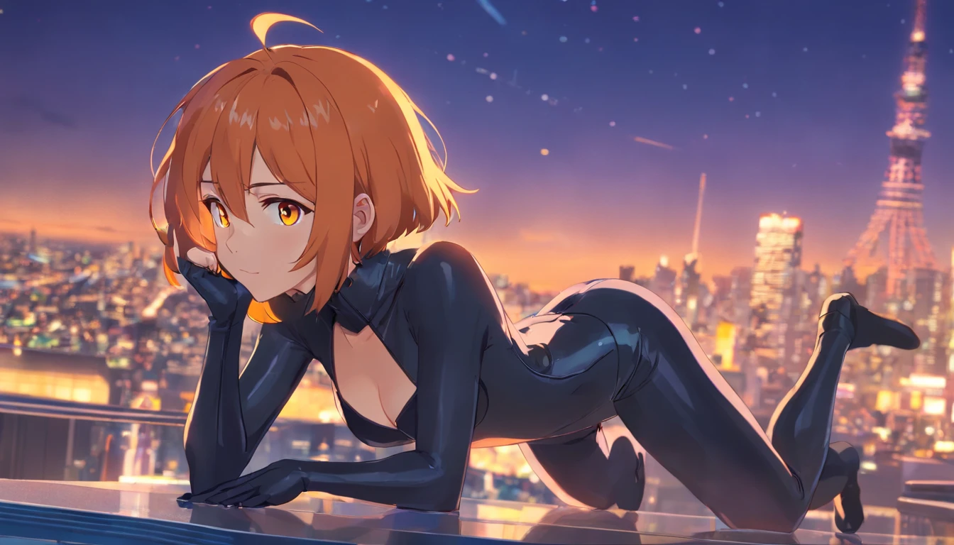 masterpiece、1 female、Orange hair、Colossal tits、Big ass、Black catsuit、yellow eyes、Thigh、a short bob 、ishine、(Spark:0.7)