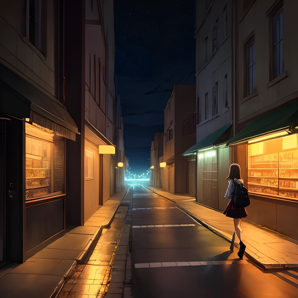 Lonely street, night,lonely girl walking, landscape,anime