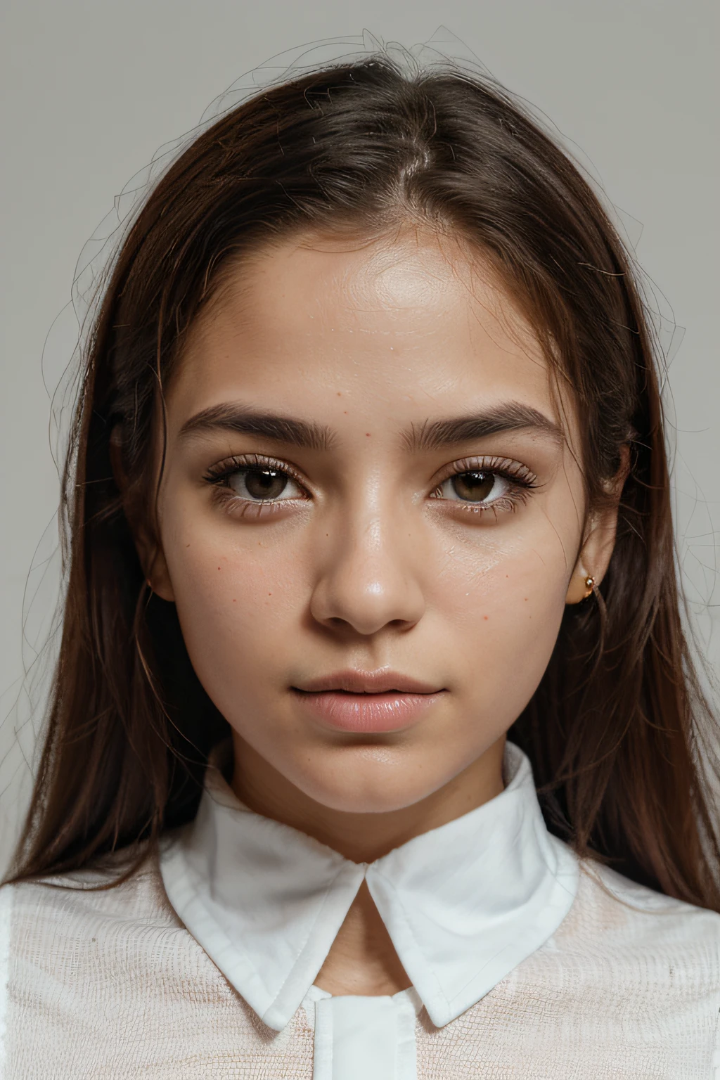 Retrato de uma brasileira de 16 ano mesquinhos,thin lips,Emaciação facial,sem barba,Good facial features,symmetrical facial features,The ears are symmetrical and clear,Ultra-clear and realistic facial features,Hair is naturally harmonious and true,Ele usa um uniforme branco de estilo ocidental,symmetrical clothing,The collar is symmetrical and coordinated,8k realista ultra-claro,Vestindo uma camisa por baixo,The texture of the clothes is clear,The collar is symmetrical and coordinated,Textura ultra-clara,Camera Trigger Effect,Light and shadow are natural,olhos e rosto muito detalhados,Hiperdetalhamento, High definition, Very detailed, best quality, master part, , realista, real, Papel de parede 8k,Detalhes de plano de fundo para objetos em primeiro plano (master part: 1.2) (fotorrealista: 1.2) (Bokeh: 1.2) (best quality) (color grading) (skins detalhadas: 1.3) (Complexo) (8k)(Movie Lighting: 1.3) (foco nítido), Pele brilhante e brilhante, Ultra HD frontal, Digital SLR, soft lighting, alta qualidade, textura da pele, filmgrain, fechar para cima, ultrahigh-resolution,