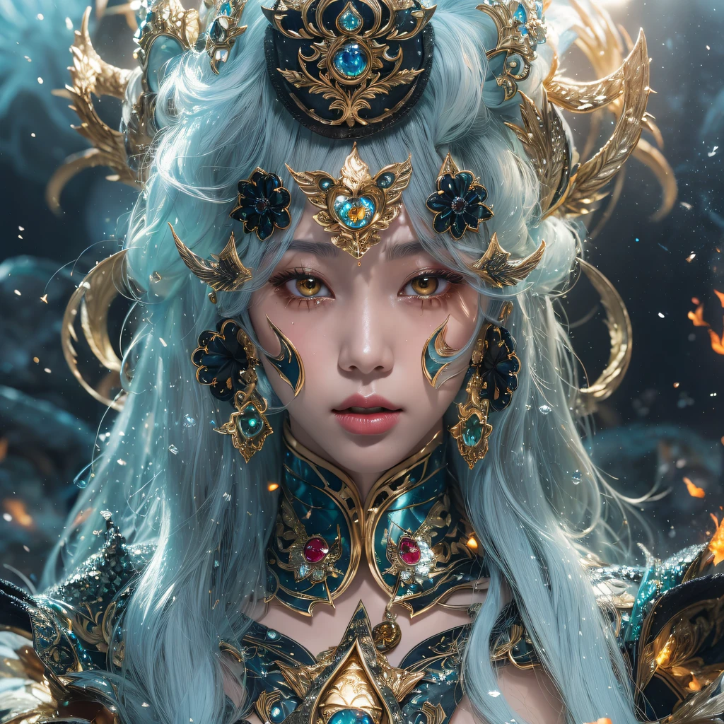 Fly the Nine-Tailed Light Blue Sky Division Flame Hairy Bear Star,Erotic,Torch Night Black Gold Orange Brocade Silk Snake Print Silk Pants,Rouge diamond tulle sheer lizard-patterned leggings,Fat Girl Space Flying in the Snow 1:900 miniatures,Front view,Pure transparency,Wear boxing gloves,Wear thick-rimmed reflective sunglasses with gold threads,Panorama ultra-wide angle,extremely happy,The texture of the real person is delicate,Strong visual impact,Hyper-detailing,Dream girl,Refined face,prettyeyes,Hair strands float in the air, Cherry model,Ouyang Xiaotong,crystal-clear,Good sense of perspective,Light and shadow effects,16K smooth,Surface reflected light,Flowing black hair,Water Goddess 32K,复杂,ellegance,highly detailed,A majestic,Digital photography,Autumn cowboy shot,surrealism painting,Broken rubies,Beating magic,Entwined water magic,(tmasterpiece,Cinematic light,Fine beautiful eyes:1.2),hdr,Void 5 Energy Storm,(China 1 girl,Black eyes:1.5),Rouge skin,Glowing skin,(sitting on the stone:1.5),delicated face,Black color hair,Put on palatial gold armor,cropped shoulders,,short skirt,Beautiful golden armor,Rained,big breasts beautiful,looking at viewert,Face away from the camera,tmasterpiece,Lateral face,Side portrait close-up